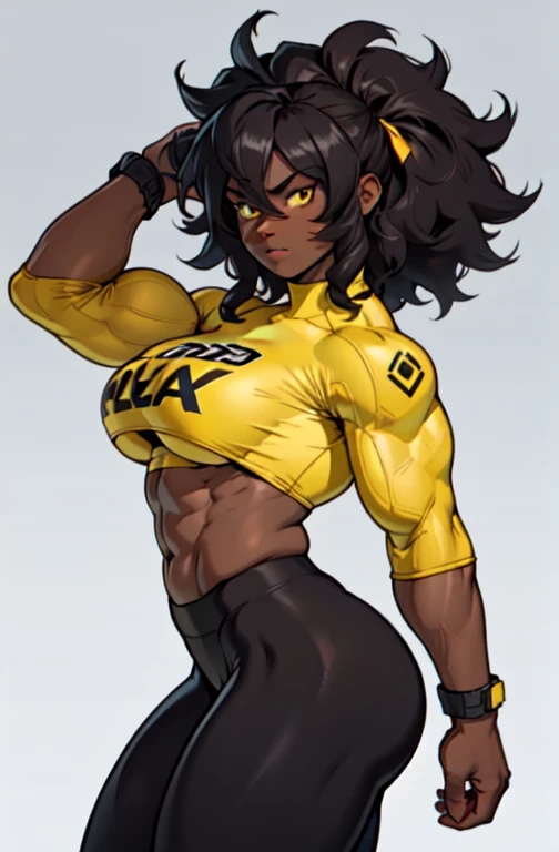 Brown skinned African female, brown long messy hair put into a pony tail, brown hunter eyes, black croptop, black shorts, black wrapped arms, muscular, tall, mature, thick and muscular thighs, wrapped legs, full body design, thick ass, futa