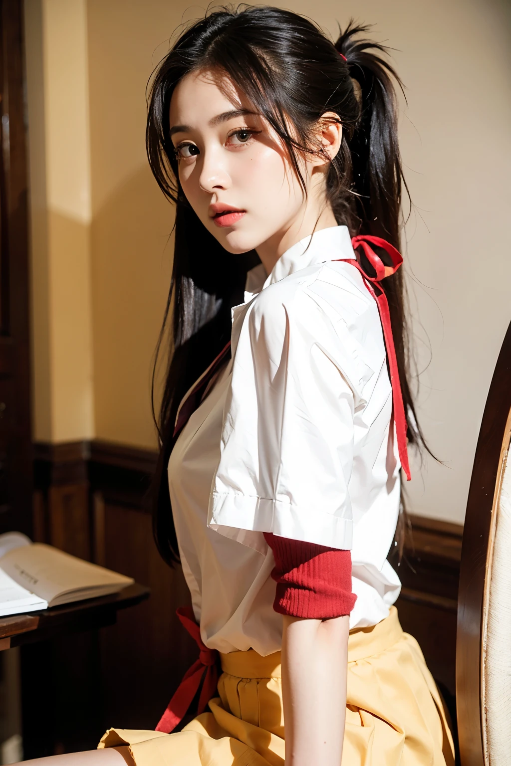 ((Highest quality))，((masterpiece))，(Rich details)， (A girl)， Exquisite facial features，pretty，(Red long hair)，((Ponytail))，(big eyes)， Summer shirts, Ribbon Tie, Skirt school stairs large aperture fixed focus lens，85mm f/1.4，Golden Ratio， Natural light warm，Warm picture，