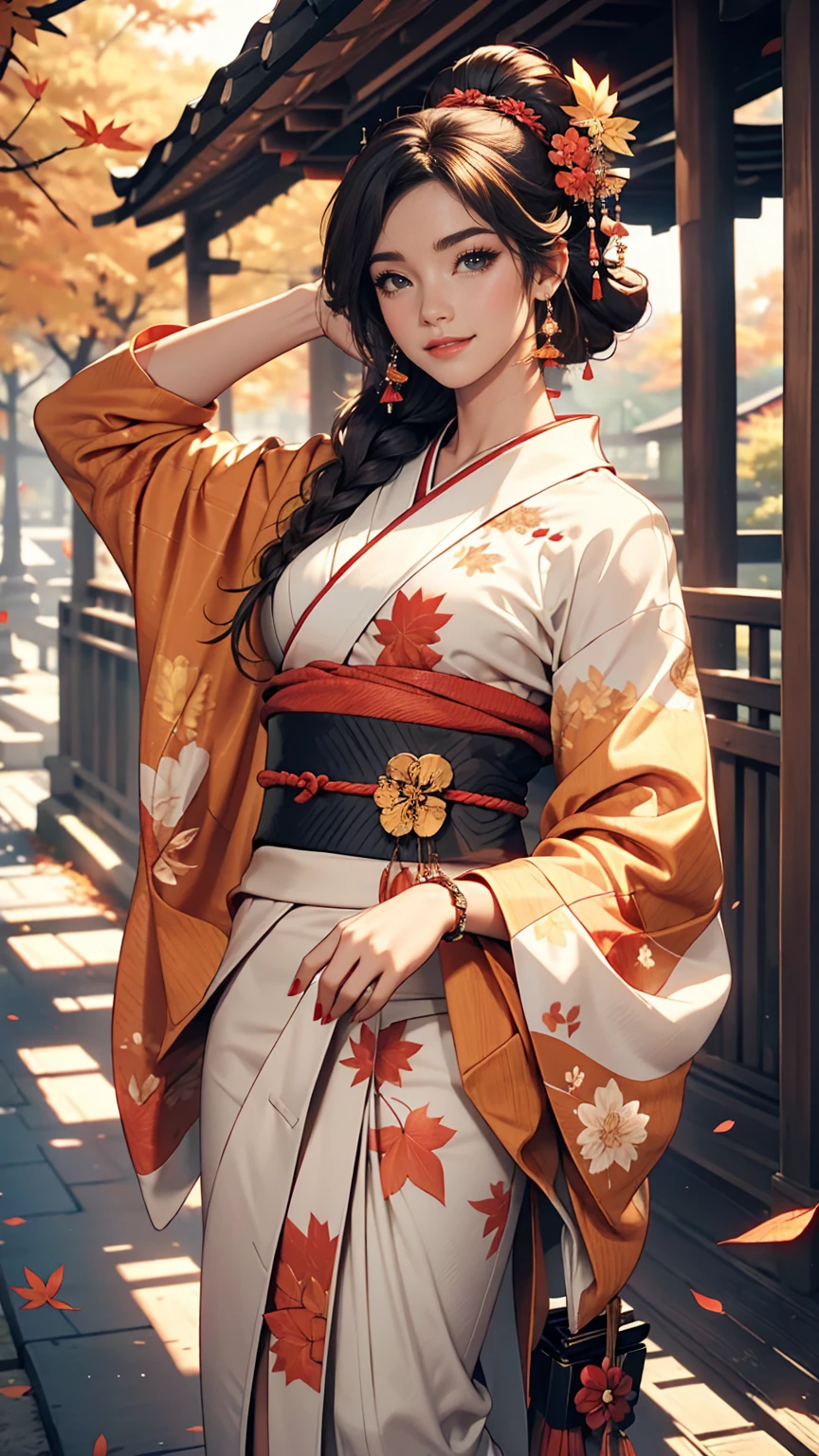 ((最high quality, 8K, masterpiece: 1.3, Ultra HD, high quality, 最high quality, High resolution, realism)) 、A stunningly beautiful 22-year-old Japanese woman、Hair color is indigo、black eye、Medium Hair、Straight Hair、smile、Slender but well-proportioned body、Background blur((depth of field))、Aerial perspective((atmospheric perspective))、I want my head to stay off screen、Put an anklet on your ankle、Wearing red nail polish、I have a peticure、Make a chignon、kimono、autumn leaves
