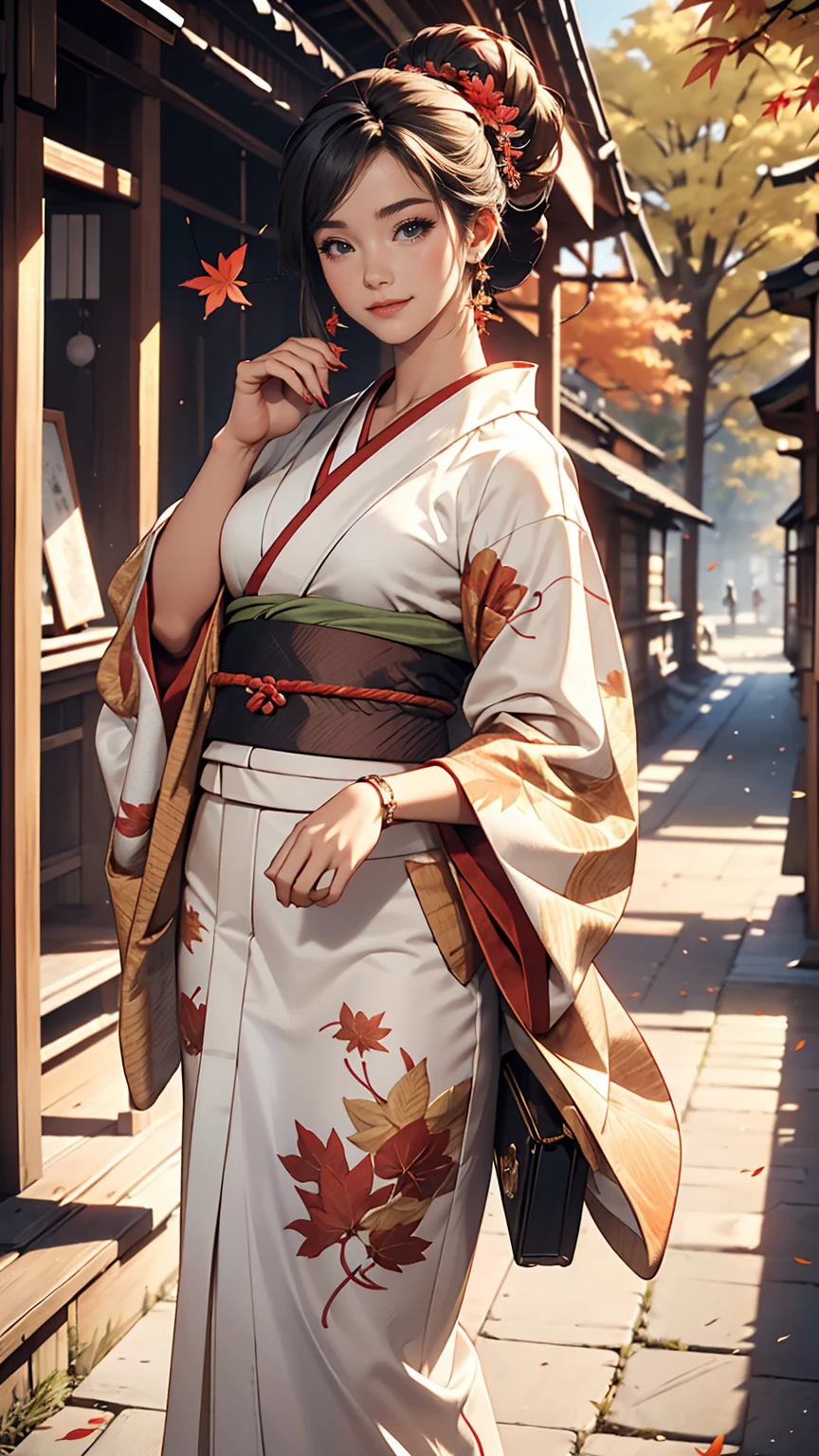 ((最high quality, 8K, masterpiece: 1.3, Ultra HD, high quality, 最high quality, High resolution, realism)) 、A stunningly beautiful 22-year-old Japanese woman、Hair color is indigo、black eye、Medium Hair、Straight Hair、smile、Slender but well-proportioned body、Background blur((depth of field))、Aerial perspective((atmospheric perspective))、I want my head to stay off screen、Put an anklet on your ankle、Wearing red nail polish、I have a peticure、Make a chignon、kimono、autumn leaves