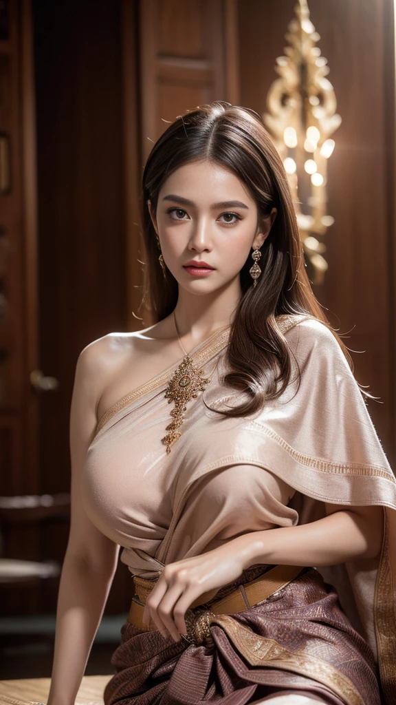 (raw photos:1.2), (realistic:1.4), (Masterpiece:1.3), (best quality:1.4), Ultra high resolution, (Detailed eyes), (Detailed facial features), (Detailed clothing features), HDR, 8K resolution, Focus only, Dressing according to Thai tradition, traditional shawl , 1 woman , Huge breasts, A gigantic rift, Big breasts push up clothes, big breast, fully grown breasts, Enhance your breasts to make them enormous., small waist, Long legs, Facing the audience, Full body, depth of field, Cinema-grade lighting, large breasts,