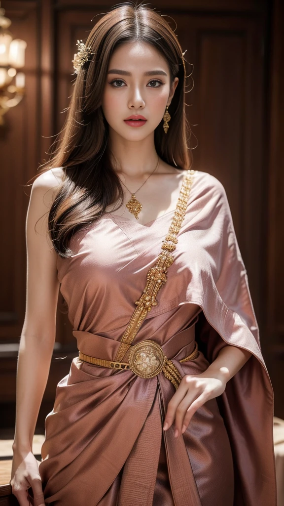 (raw photos:1.2), (realistic:1.4), (Masterpiece:1.3), (best quality:1.4), Ultra high resolution, (Detailed eyes), (Detailed facial features), (Detailed clothing features), HDR, 8K resolution, Focus only, Dressing according to Thai tradition, traditional shawl , 1 woman , Huge breasts, A gigantic rift, Big breasts push up clothes, big breast, fully grown breasts, Enhance your breasts to make them enormous., small waist, Long legs, Facing the audience, Full body, depth of field, Cinema-grade lighting, large breasts,