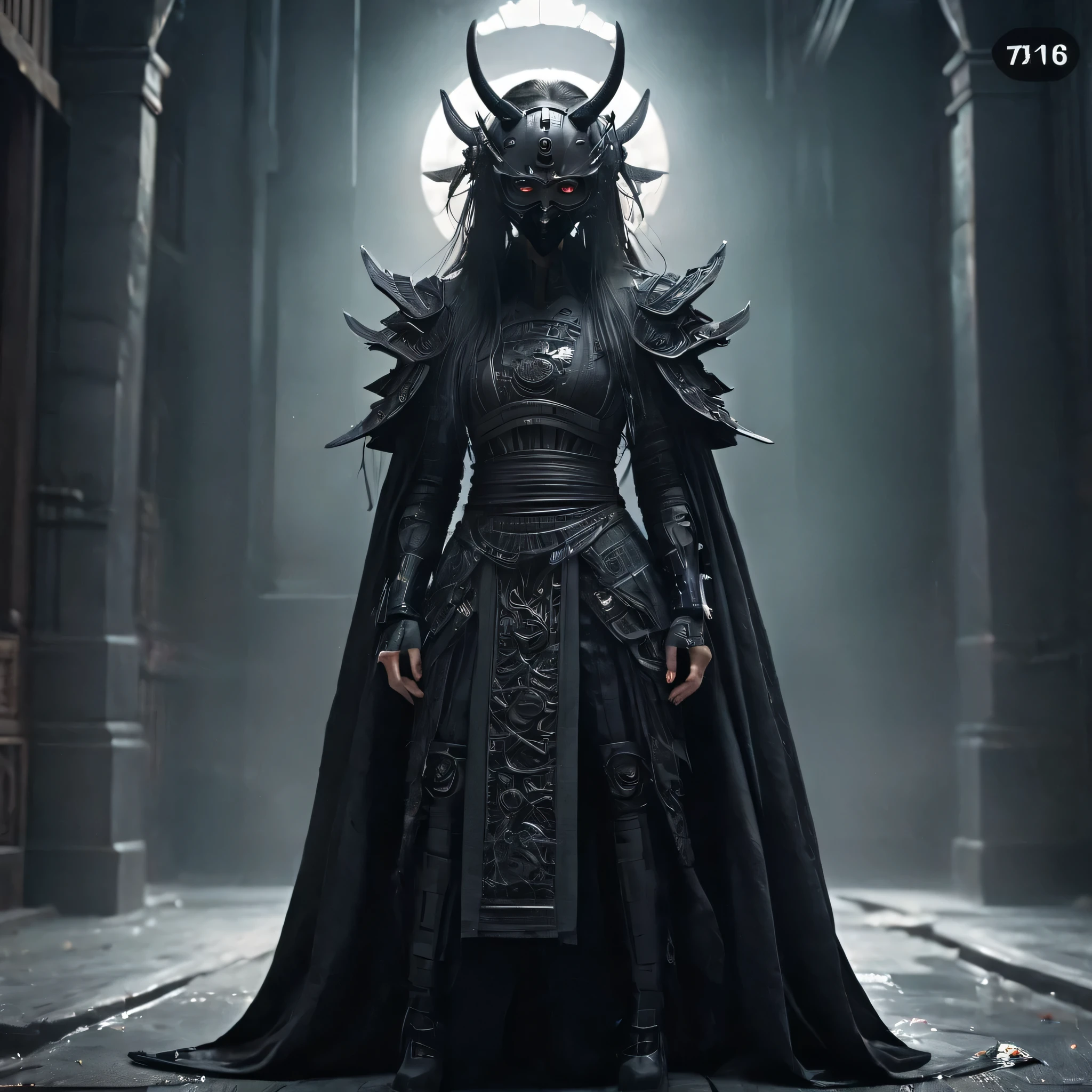 arafed image of a person dressed in a black outfit and a mask, very beautiful cyberpunk samurai, gothic - cyberpunk, orthodox cyberpunk, rococo cyberpunk, ornamental gothic - cyberpunk, ornate cosplay, occult cyberpunk, mystical post apocalyptic cyborg, steampunk angel, hyperdetailed fantasy character, steampunk aesthetic, steampunk fantasy style, japanese gothic, hyper - goth, beautiful female god of death