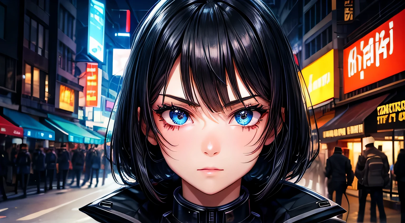 cyber punk Black military uniform woman Black Hair midnight Cute Face Detailed facial expression depiction Detailed facial depiction Detailed hair depiction Detailed depiction of clothing bustling street Neon Light