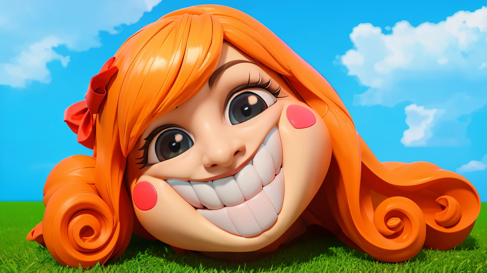 A cartoon girl with red hair and a big smile is lying on the grass with a blue sky in the background. The image depicts a 3D character of a girl dressed in multicolored jester attire. She has a large red bow on her head, and her eyes are wide with surprise. She has her mouth open and appears to be pointing to the left. The background is a solid blue.Stylized 3D, chewing body, stylized character, 3D character, 3rd character A blue character with a hat, a sad face, and a yellow bow tie is standing in front of a door. It has two golden loops around its body. there is a blue-orange daddy long legs in a hat and a yellow rope, iconic character with high detail, 3 d illustration, 3D illustration, stylized digital illustration, art of mobile games, in the elevator, Digital illustration -, Game illustration, mobile game background, 2d digital illustration, evil. Bright colors. Cute, blue daddy long legs toy, glossy texture, smooth 3d model, A character head, wearing a pink dress and a crown, 3D icon for mobile game, cartoon key frame rendering, Cute 3D рендеринг, Friendly cat, zbrush color rendering. perfect cgi, cgi art created only with gradients, smooth silhouette, high intensity refraction, (plastic material), most beautiful vfx, blue background, plastic refractions, pink mommy long legs toy, smooth 3d model, multiple light sources, rim light, sharp post effects render, (gplastic texture with multiple big light probe refractions), perfect cgi, cgi art created only with gradients, smooth silhouette, high intensity refraction, (plastic material), most beautiful vfx, blue background, plastic refractionsмультяшная Young woman в красной юбке и синей рубашке, Чаки style, animated character, dancing character, 3rd character render, April render, 3rd character art, 3rd character, 3D character, cartoon character, Young woman, 3D rendering of characters 8k, Tuni, 3D rendering stylized