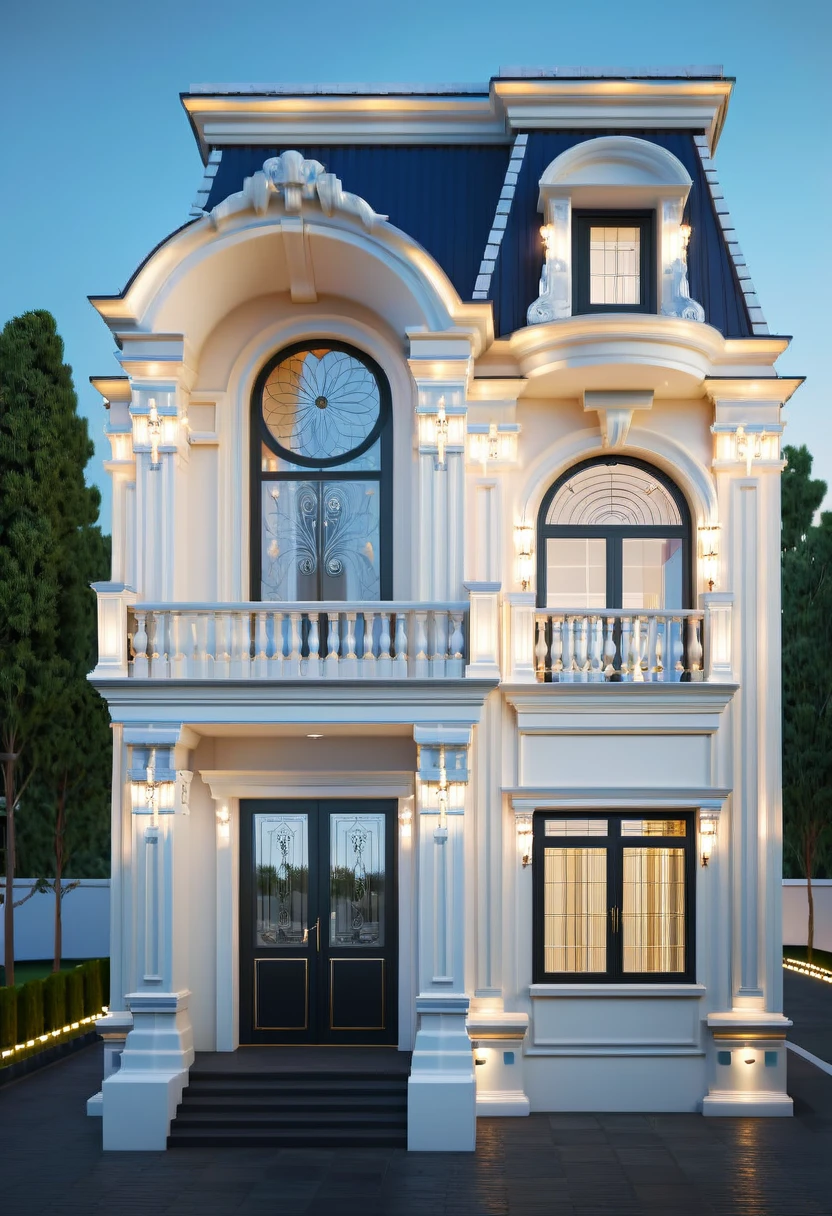 RAW photo, masterpiece, house with a car parked in front of it, neo - classical style, rendered in lumion pro, classicism style, classicism artstyle, lumion render, rendered in lumion, architectural visualization, neoclassical style, in style of classicism, white light sun, rendered in vray, rendered in v-ray, rendered in unreal engine 3d, (photorealistic:1.2), best quality, ultra high res, exterior, architechture,modern house,(white wall:1.4), (detail gate black:1.4), (photorealistic:1.4), best quality, ultra high res, exterior,architechture,neoclassic house,(white wall:1.2), (detailed reliefs:1.2), (The front 1st floor has 4 windows), (the right side 1st floor has 4 windows), (the main side has three-step stairs), (the right side has three-step stairs) ,glass windows,,trees,traffic road, blue sky,in the style of realistic hyper-detailed rendering, luxury neoclassical villa, in the style of neoclassical scene, glass windows, (white navy roof:1.2), best quality, (straight strokedetail:1.1) roof top, (Intricate lines:1.4), ((Photorealism:1.4)),(((hyper detail:1.4))), archdaily, award winning design, (dynamic light:1.3), (night light:1.2), (perfect light:1.3), (shimering light :1.4), refection glass windows, (curved line architecture arch:1.2), trees, beautiful sky, photorealistic, FKAA, TXAA, RTX, SSAO, Post Processing, Post-Production, CGI, VFX, SFX, Full color,((Unreal Engine 5)), Canon EOS R5 Camera + Lens RF 45MP full-frame CMOS sensor, HDR, Realistic,8k,((Unreal Engine 5)), Cinematic intricate detail, extreme detail, science, hyper-detail, FKAA, super detail, super realistic, crazy detail, intricate detail, nice color grading, reflected light on glass, eye-catching wall lights, unreal engine 5, octane render, cinematic, trending on artstation, High-fidelity, Viwvid, Crisp, Sharp, Bright, Stunning, ((Lifelike)), Natural, ((Eye-catching)), Illuminating, Flawless, High-quality,Sharp edge rendering, medium soft lighting, photographic render, detailed archviz,3d styl