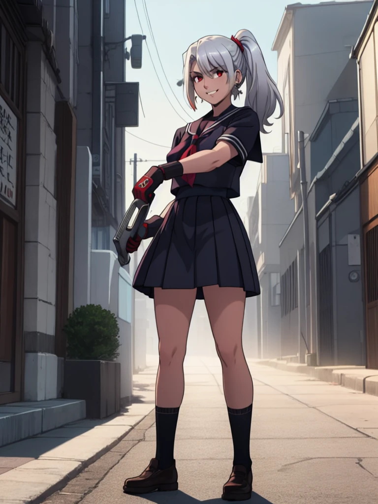 cartoon, illyasviel_von_einzbern reimagined as a sukeban delinquent girl in black seifuku, mature_female, silver hair, holding yoyo, combat pose, full body, flowing hair, hair between the eyes, asymmetrical hair, red eyes, delicate facial features, sukeban deka clothe, looking_at_viewer, outdoors, background tokyo, ((solo girl ))+++++, woman in a 80's sukeban seifuku standing on a set of strees, black , 80's japanese sukeban photo, sukeban seifuku, 80's japan, sukeban, long black skirt, red converse, full body, light skin tone female, full body, tape, arm_support, gloves, red_gloves, bridal gauntlets, blackred_footwear, fighter outfit, full body, hourglass, mature face, cheeky smile, cheeky face, wrinkles,( silver long hair, earrings, ear piercings), (fighting art, Martial arts, standing, fighting_stance, fight, fighting), extra colors, 2D, megapixel, perfectionism, accent lighting, full HD , 4K, masterpiece, empty red eyes, extra colors, 2D, megapixel, perfectionism, accent lighting, full HD , (Masterpiece:1.2), (full-body-shot:1),(cowboy shot:1.2), (Highly detailed:1.2),(anime Detailed Face:1.2), Colorful, A detailed eye, (Detailed landscape:1.2), (natural lighting:1.2), ((sukeban school teacher)) by Vincent Di Fate: Aidyllery, Anamorphic Shot, rule of thirds, face by Artgerm and WLOP, ((street of rage 4 city backround)), fictive city backround in the style art of street of rage 4,