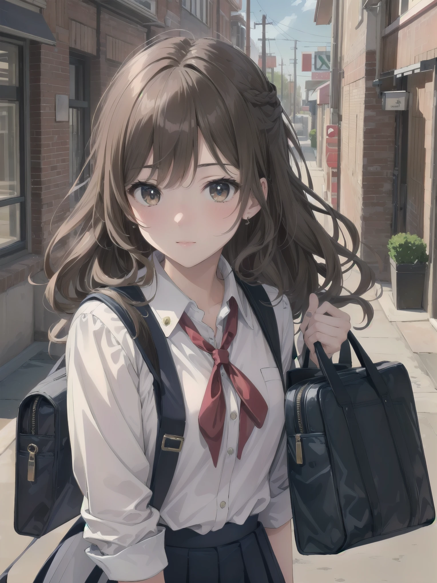 Masterpiece, top quality, super detailed, 16k,
One girl, spring, high school, warm colors, school bag, accurate and highly detailed background, flock of schoolgirls in uniforms of various body shapes and hairstyles, cute.
Blake.

A beautiful girl with wavy crimson hair. she is very well developed