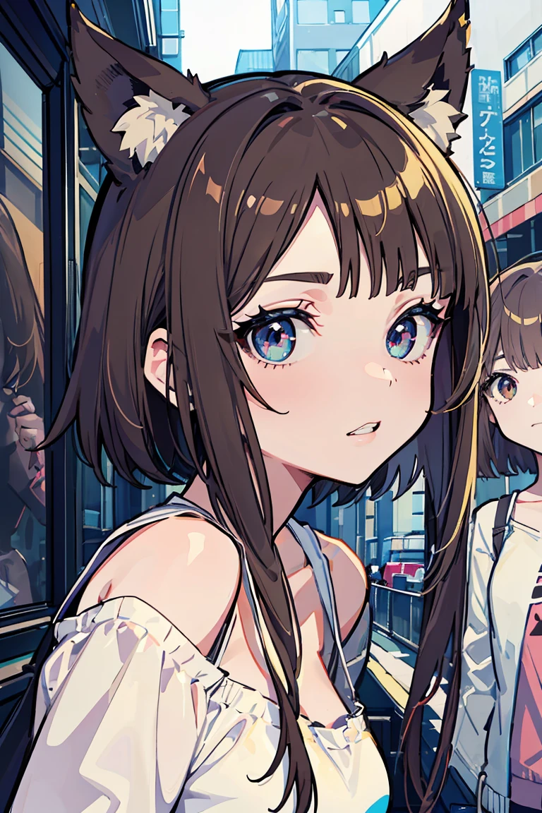 ((siblings)), (2girls), (Big, round eyes like in an anime), (Dog ears), (super high quality), masterpiece, wild, beast, (Light brown hair girl), Casual Scene, Relaxed atmosphere, she wears fashionable clothes,Summer sunshine, Street atmosphere, urban environment. Perfect body, (E Cup:1.2), troubled look, teeth, Fresh, (Asymmetrical bangs:1.3),Short Bob,Inward-curling hair, long neckline, Highly detailed face and eyes, Young face, Digital Art, beautiful, Cinema Lighting, By Yusuke Murata.tonality, Romanticism, modern art, Impressionism, reflected light, 8k, masterpiece, Advanced Details, highest quality, Accurate anatomy