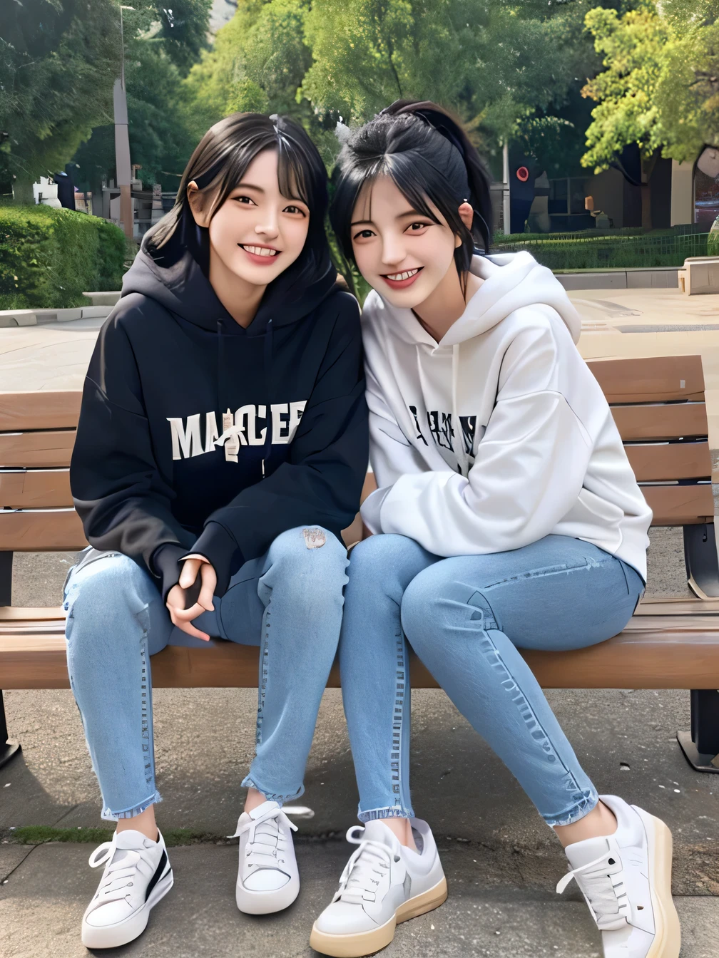 highest quality)), ((masterpiece)), (Get used to it), Perfect Face、((highest quality)), A neat and beautiful woman sitting on a park bench、hoodie、Skinny jeans、sneakers、Black Hair、smile showing teeth、Full body photo、Ear piercing