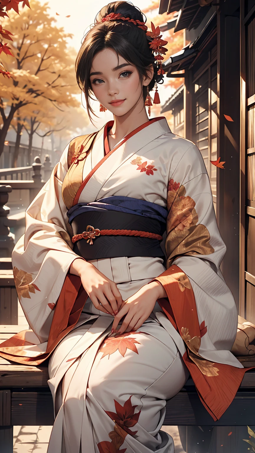 ((最high quality, 8K, masterpiece: 1.3, Ultra HD, high quality, 最high quality, High resolution, realism)) 、A stunningly beautiful 22-year-old Japanese woman、Hair color is indigo、black eye、Medium Hair、Straight Hair、smile、Slender but well-proportioned body、Background blur((depth of field))、Aerial perspective((atmospheric perspective))、I want my head to stay off screen、Put an anklet on your ankle、Wearing red nail polish、I have a peticure、Make a chignon、kimono、autumn leaves