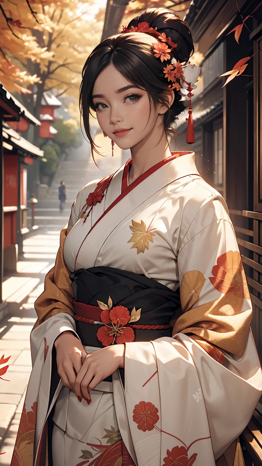 ((最high quality, 8K, masterpiece: 1.3, Ultra HD, high quality, 最high quality, High resolution, realism)) 、A stunningly beautiful 22-year-old Japanese woman、Hair color is indigo、black eye、Medium Hair、Straight Hair、smile、Slender but well-proportioned body、Background blur((depth of field))、Aerial perspective((atmospheric perspective))、I want my head to stay off screen、Put an anklet on your ankle、Wearing red nail polish、I have a peticure、Make a chignon、kimono、autumn leaves