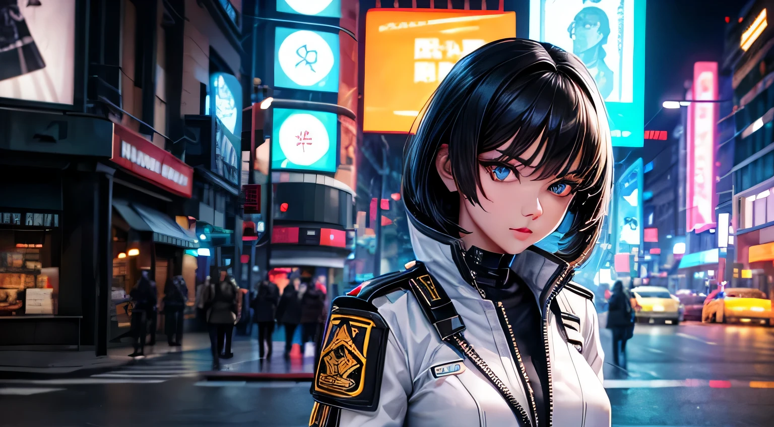 cyber punk white military uniform woman Black Hair midnight Cute Face Detailed facial expression depiction Detailed facial depiction Detailed hair depiction Detailed depiction of clothing bustling street Neon Light