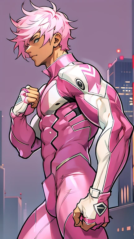 Male, Superhero, handsome, 20 years old, pink short hair, skin tight bodysuit white with pink details, very big bulge, city background, full body from head to toes, sensual pose, lean body