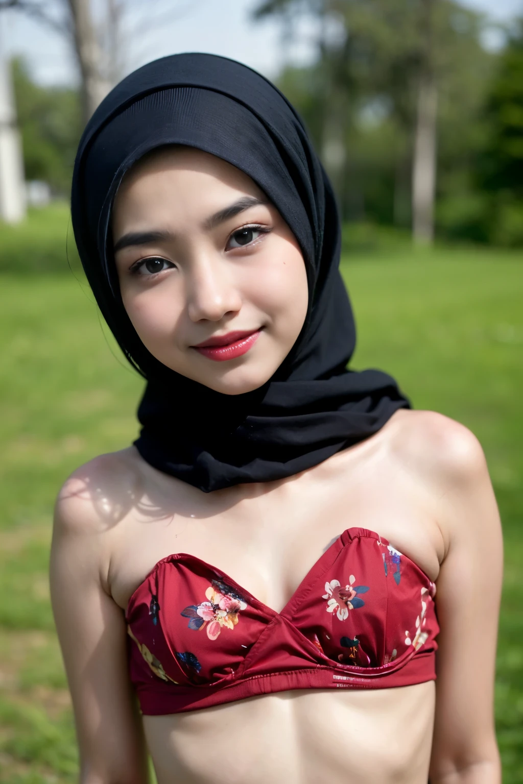 ((Flat chest:1.5)), (Happy smile), (((HIJAB MALAY GIRL))), masutepiece, High quality, UHD 32K, Realistic face, Realistic skin feeling , A Japanese Lady, 8 years old, , Very cute and baby-like face, (((FLAT CHEST))), (Night time at forest), ((look In front  at the camera and SADNESS)), ((())), (((CUTE GIRL))), ((RED LIPS)), ((Floral Pattern)) little wearing strapless bra, strapless colorful bra, dark night horror scary place (from behind up) seductive pose