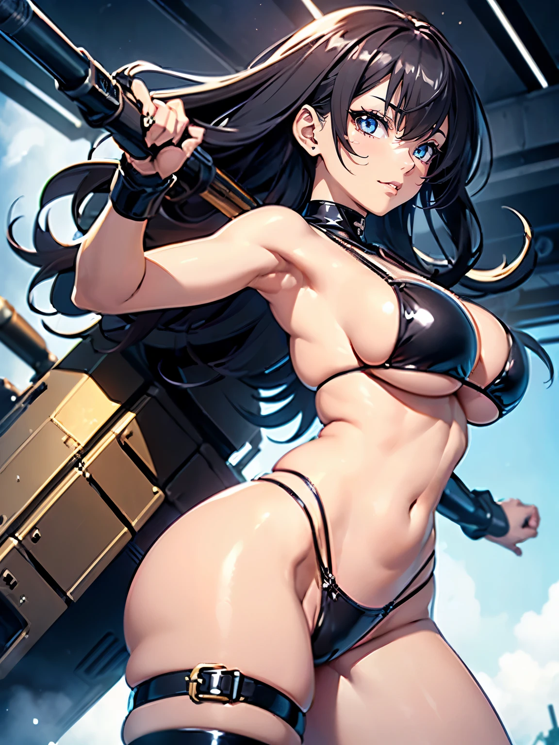 ((1 lady))、ultra-detailliert, Top image quality, digitial illustration, Seductive Anime Girl, Glossy realistic skin texture、Meticulously drawn hair, Meticulously drawn eye, Sharp Focus, Precise human body structure、Smooth texture、((Back view:1.3))、((Combative posing:1.5))、((bazooka and gatling gun and rocket launcher))、((dynamism:1.3))、((dynamic angle:1.2))、((Being in battle field:1.2))、seductive smile、((latex micro bikini:1.3 crop top:1.3))、((sleeveless))、((cleavage:1.3))、((crop top navel))、((highleg:1.3))、((huge breasts:1.3))、((huge hip:1.3))、((thick thighs))、((wedgie))、curvy、((collarbone))、((cameltoe))、hip line、Full body