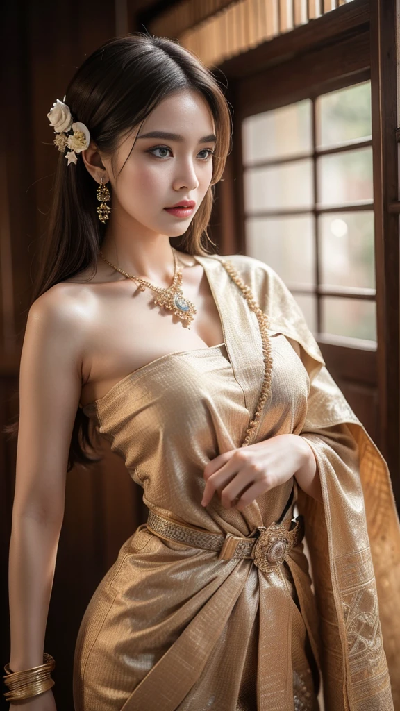 (raw photos:1.2), (realistic:1.4), (Masterpiece:1.3), (best quality:1.4), Ultra high resolution, (Detailed eyes), (Detailed facial features), (Detailed clothing features), HDR, 8K resolution, Focus only, Dressing according to Thai tradition, traditional shawl , 1 woman , Huge breasts, A gigantic rift, Big breasts push up clothes, big breast, fully grown breasts, Enhance your breasts to make them enormous., small waist, Long legs, Facing the audience, Full body, depth of field, Cinema-grade lighting, large breasts,