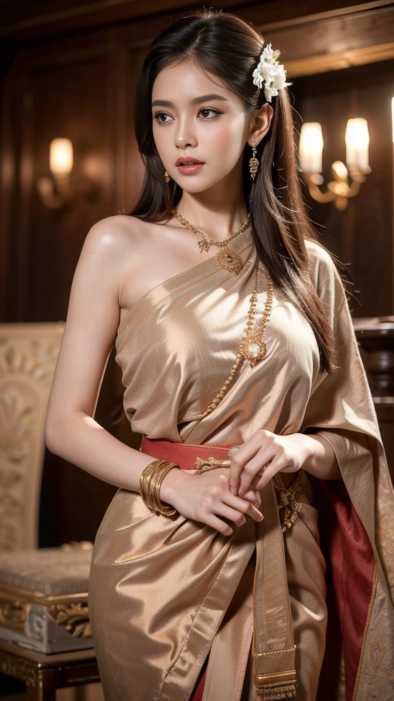(raw photos:1.2), (realistic:1.4), (Masterpiece:1.3), (best quality:1.4), Ultra high resolution, (Detailed eyes), (Detailed facial features), (Detailed clothing features), HDR, 8K resolution, Focus only, Dressing according to Thai tradition, traditional shawl , 1 woman , Huge breasts, A gigantic rift, Big breasts push up clothes, big breast, fully grown breasts, Enhance your breasts to make them enormous., small waist, Long legs, Facing the audience, Full body, depth of field, Cinema-grade lighting, large breasts,