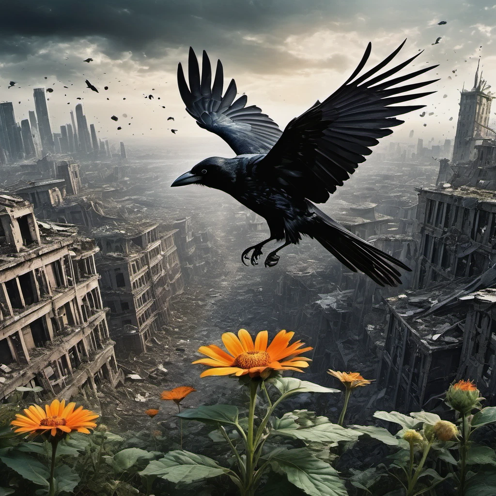 (masterpiece:1.4), (best quality:1.4), (high resolution:1.4), (masterpiece, best quality, high resolution:1.4), dark fantasy, Science fiction, Frank Miller comic style, After the end of the world，A destroyed city without humans,top view，1 flower，crow