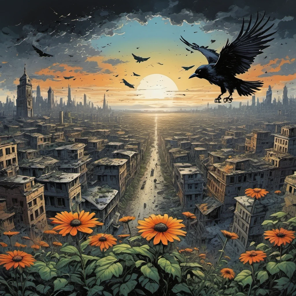 (masterpiece:1.4), (best quality:1.4), (high resolution:1.4), (masterpiece, best quality, high resolution:1.4), dark fantasy, Science fiction, Frank Miller comic style, After the end of the world，A destroyed city without humans,top view，1 flower，crow