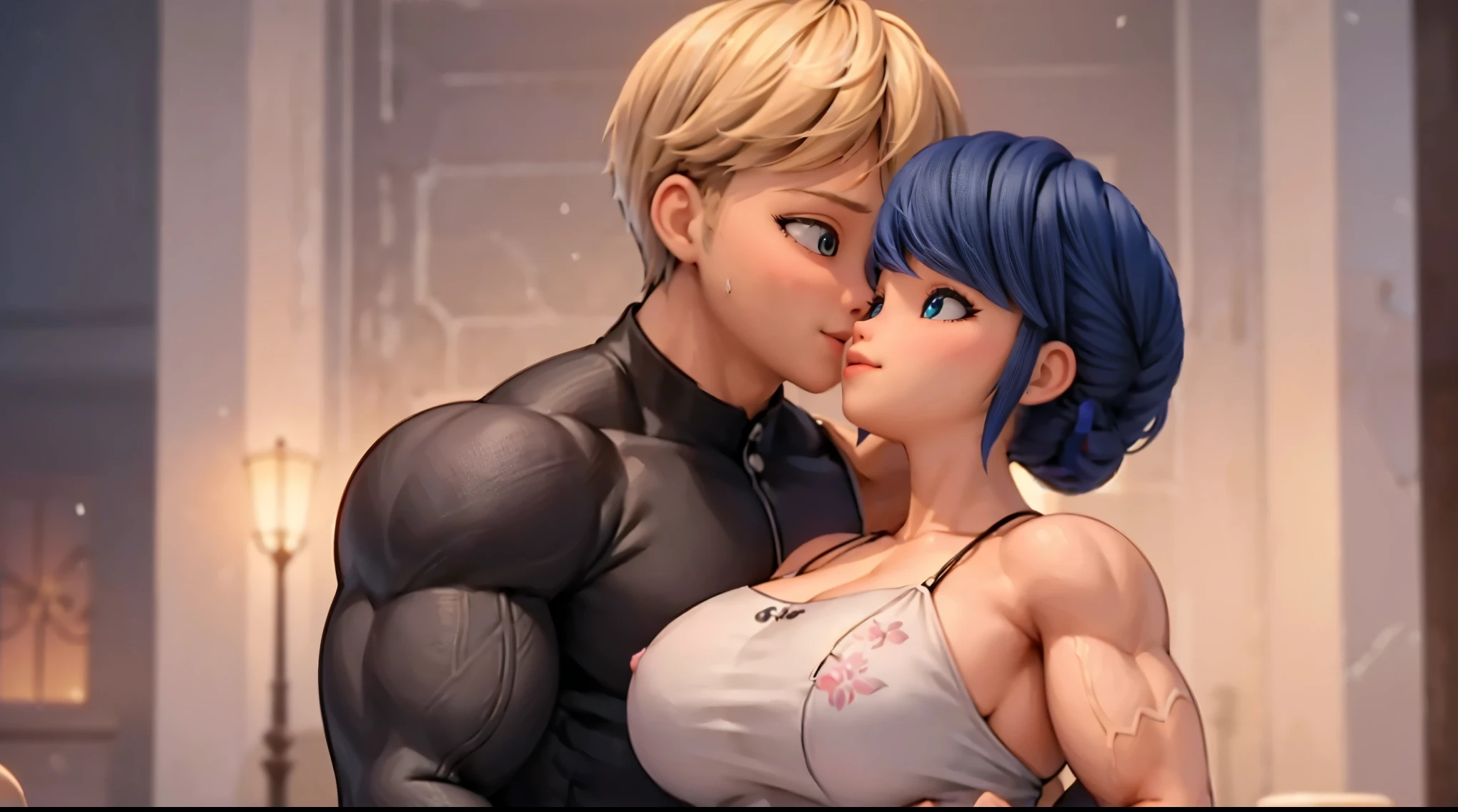 (girl and boy:1), smiling, ((high resolution illustration)), ((extremely detailed)), (couple), Marinette, (Adrian), (best quality,4k,8k,highres,masterpiece:1.2), ultra-detailed, realistic:1.37, HDR, studio lighting, extreme detail description, professional, vibrant colors, bokeh, (muscular female bodybuilder), detailed lips, strong embrace, romantic scene, intimate moment, intense passion, athletic bodies, fitness couple, gym background, muscular definition, sculpted muscles, sweat glistening, powerful kiss, muscular arms, loving couple, bodybuilding lifestyle,blonde hair boy kissing his big muscle girlfriend, skinny blonde green, eye's boy boy, big muscle blue hair, blue eye's girl.