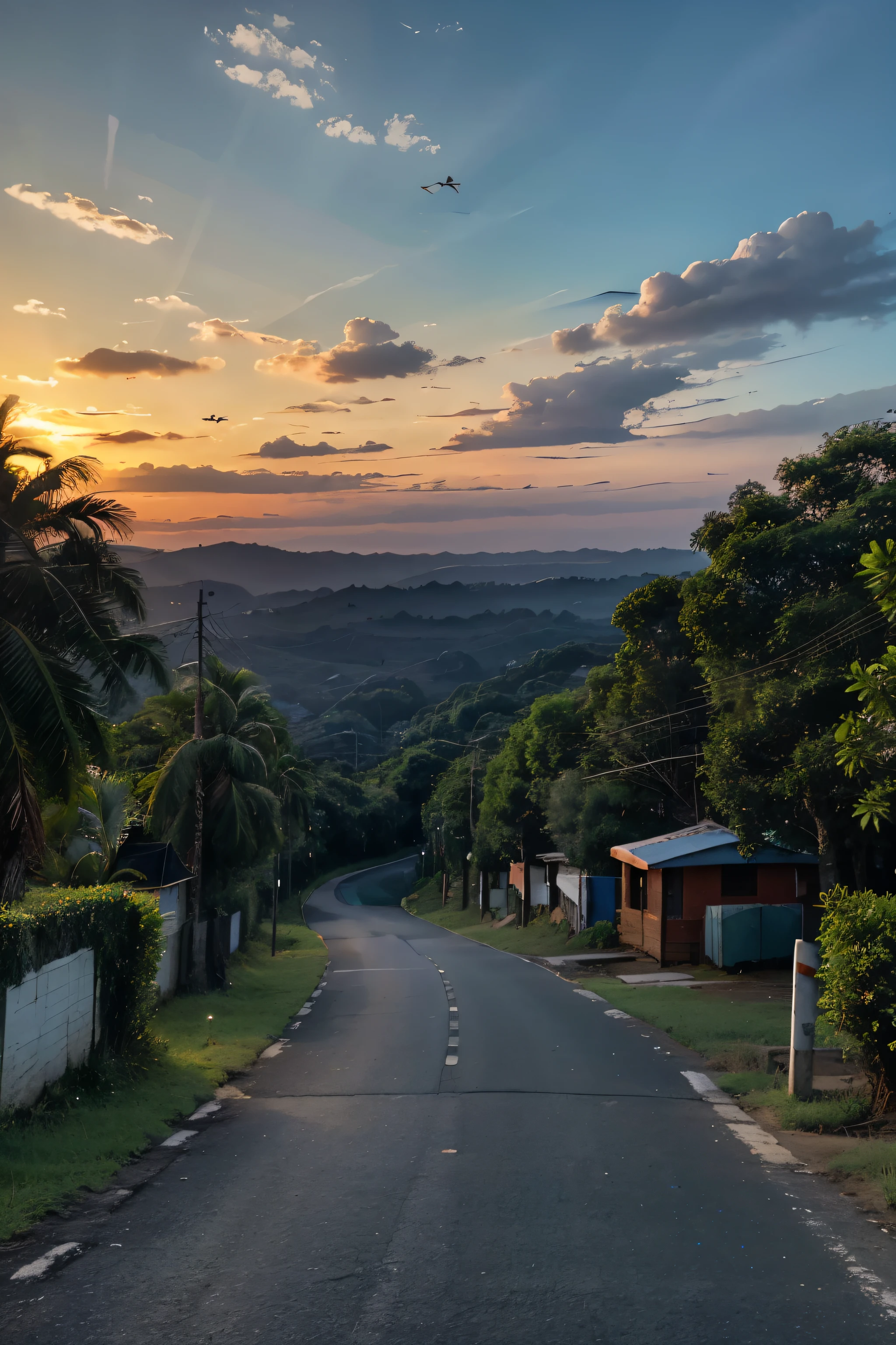 High quality, rich in detail, meghalaya back ground, bold clouds, blue sky, red sunset, pine trees, grass, street light, small footpath, grill footpath, hostel in roadside, birds in the sky