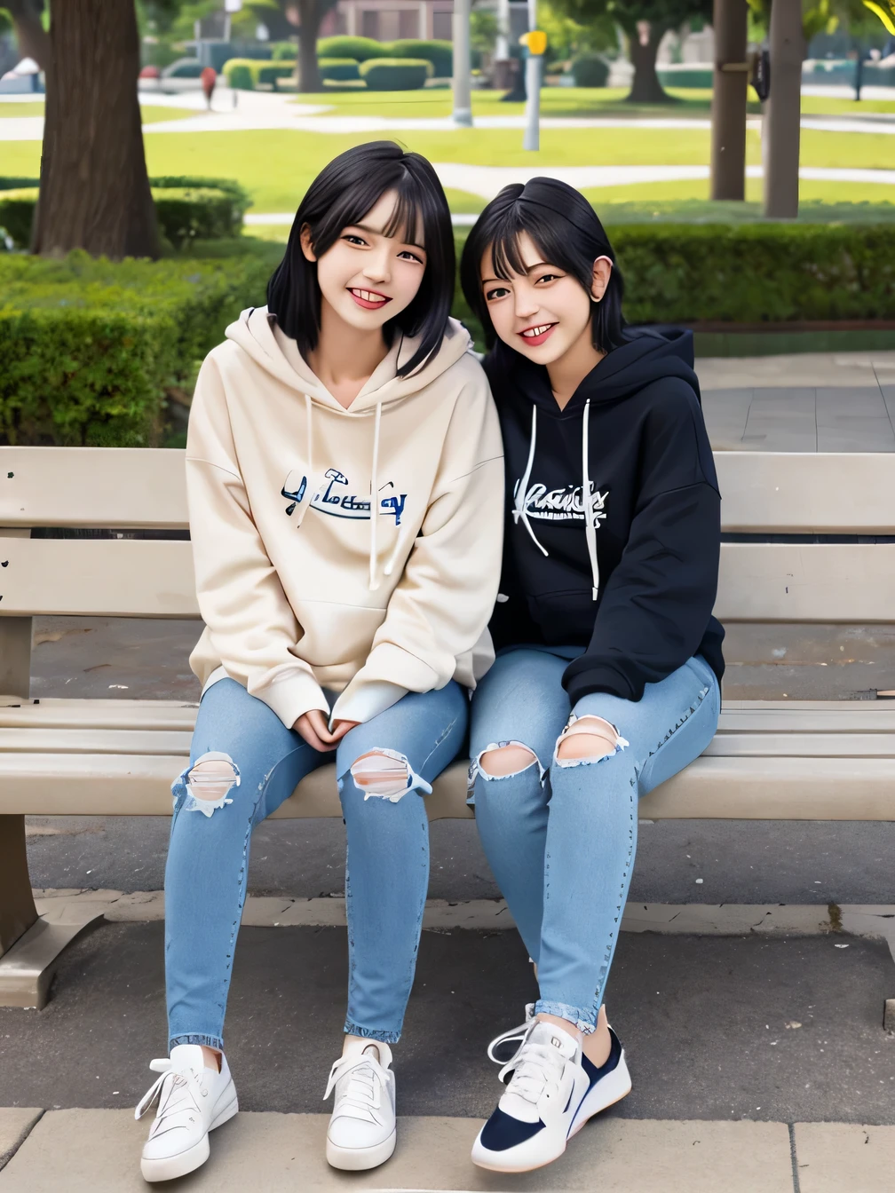 highest quality)), ((masterpiece)), (Get used to it), Perfect Face、((highest quality)), A neat and beautiful woman sitting on a park bench、hoodie、Skinny jeans、sneakers、Black Hair、smile showing teeth、Full body photo、Ear piercing
