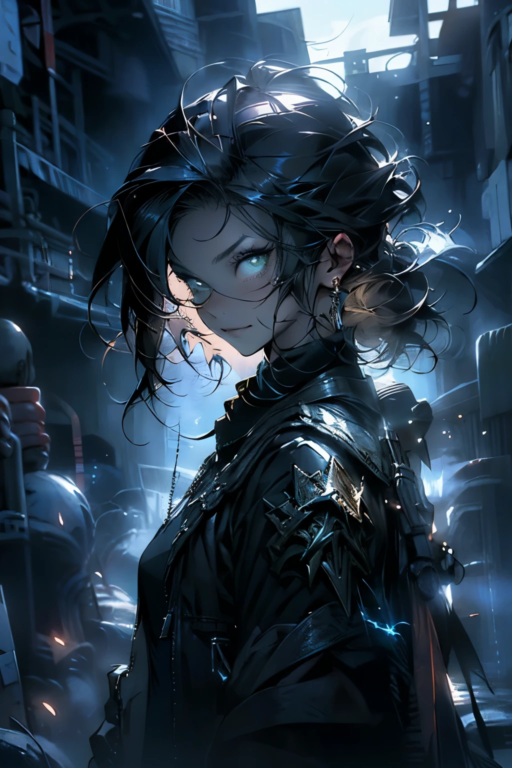 ((best quality)), ((masterpiece)), (detailed), female, cute, perfect face, dark hair, medium hair, hair flip, lightning sparks, fierce eyes, green eyes, leather armor, magic, mage, wizard, thunder, lightning, blue lightning, lots of lightning, warrior, battle, smirk, confident, kind