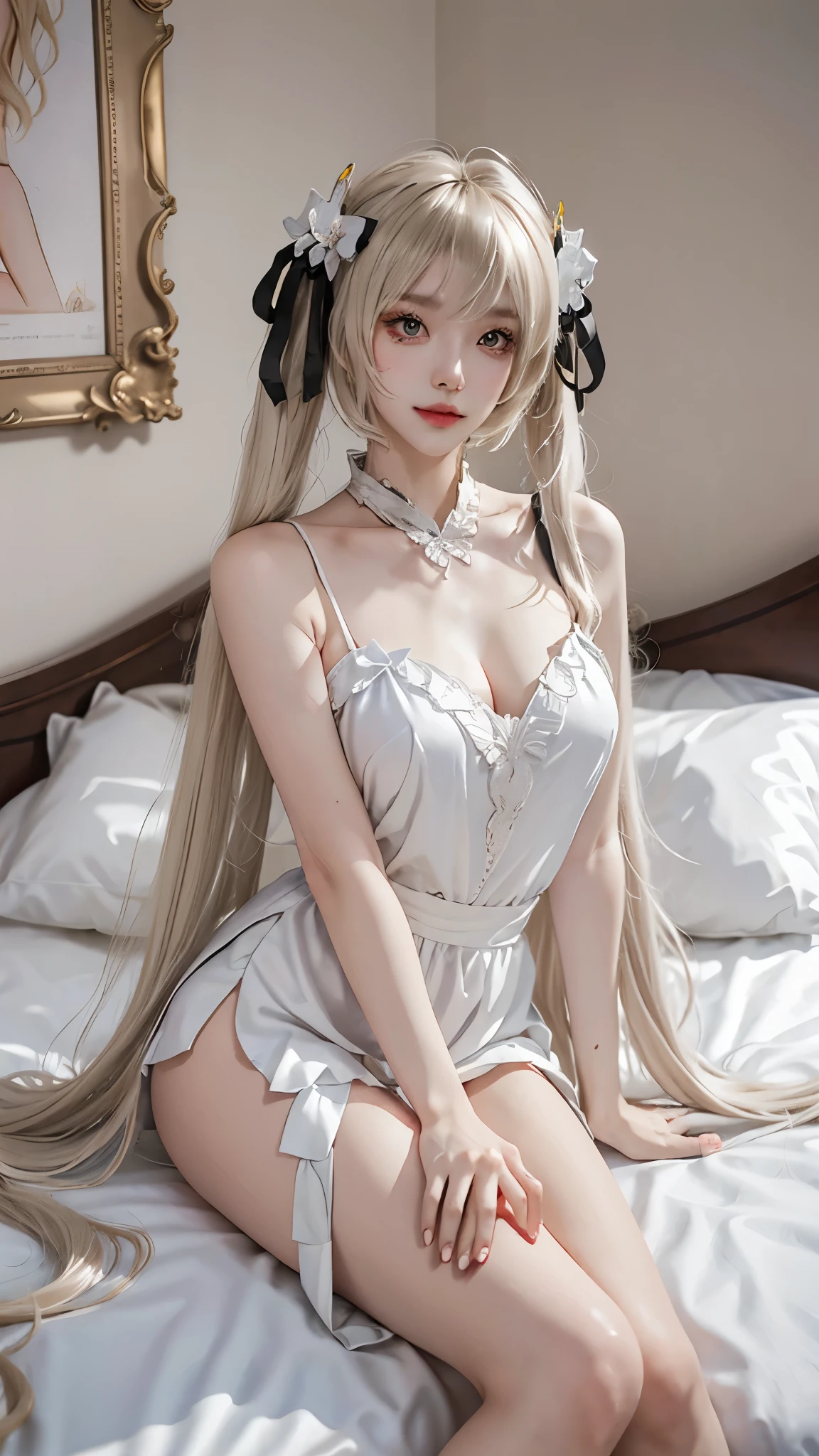 kasugano sora,long white hair,twintails,hair ribbon,hair ornament,  ((Yushuxin,1 Girl,Solitary)), Warm colors, Atmosphere, 4K, masterpiece, high resolution, ridiculous, Bare shoulders, Sexy long legs, on the bed, Strike a pose, brown wavy hair, lust, eyes, Shy, Pure Desire, Tempting, Sexy pose, Big breasts, Very detailed face, Light and delicate makeup, Charm and sophistication, Attractive posture, beauty, grace, lifelike, Very detailed, amazing, beauty的, Young and energetic, Charming model