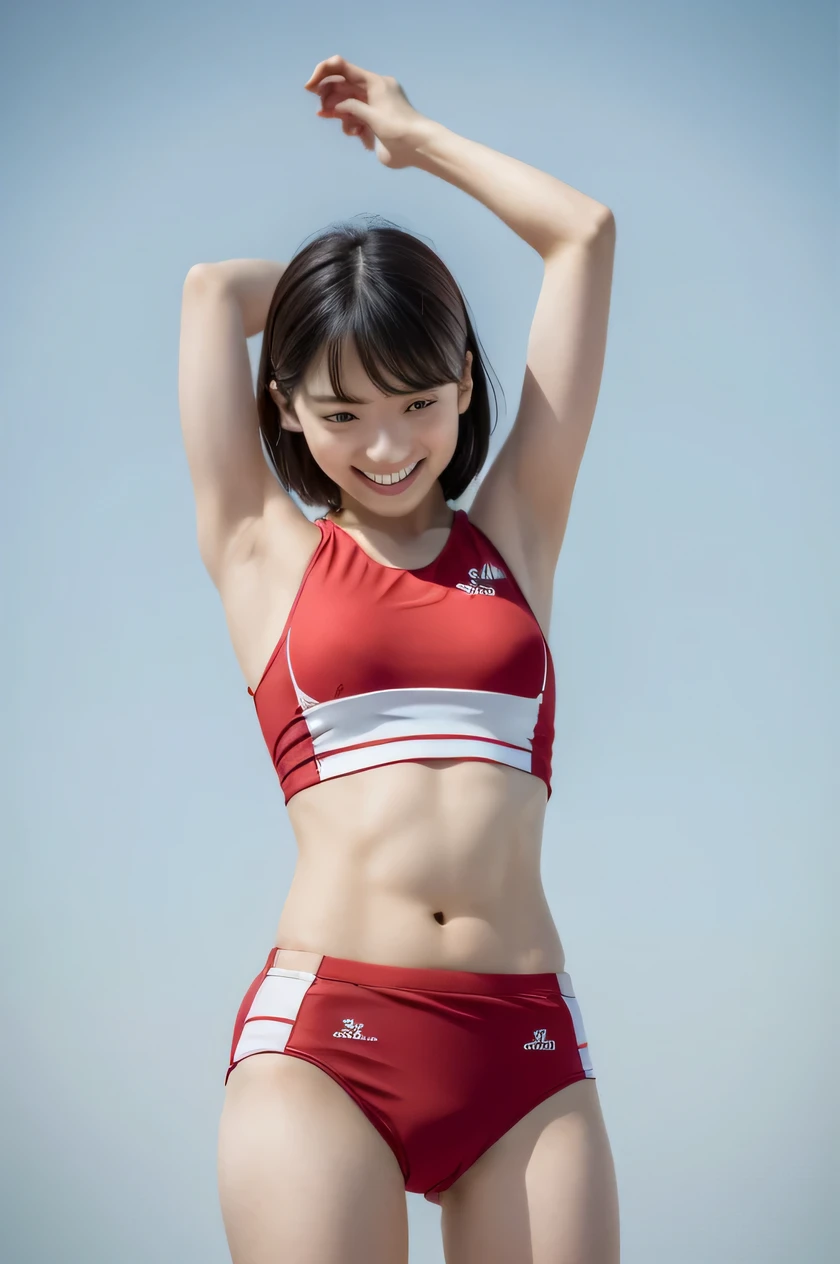 The beauty of 8K raw photos:2.0, Japanese woman, short hair, 18 years old, great face and dark eyes, looking down, looking at the viewer:1.5, big smile, tongue out, show the tongue, wet hair, show the crotch, spread the legs wide, show your cameltoe:1.2, tiny top, show the armpit, (red sports wear:1.2), shinny skin, realistic:1.9, very detailed, cross-legged, full body shot from bottom:1.2, High resolution RAW color photos, professional photos, Taken at the studio, plain wallpaper, girl sexy portrait