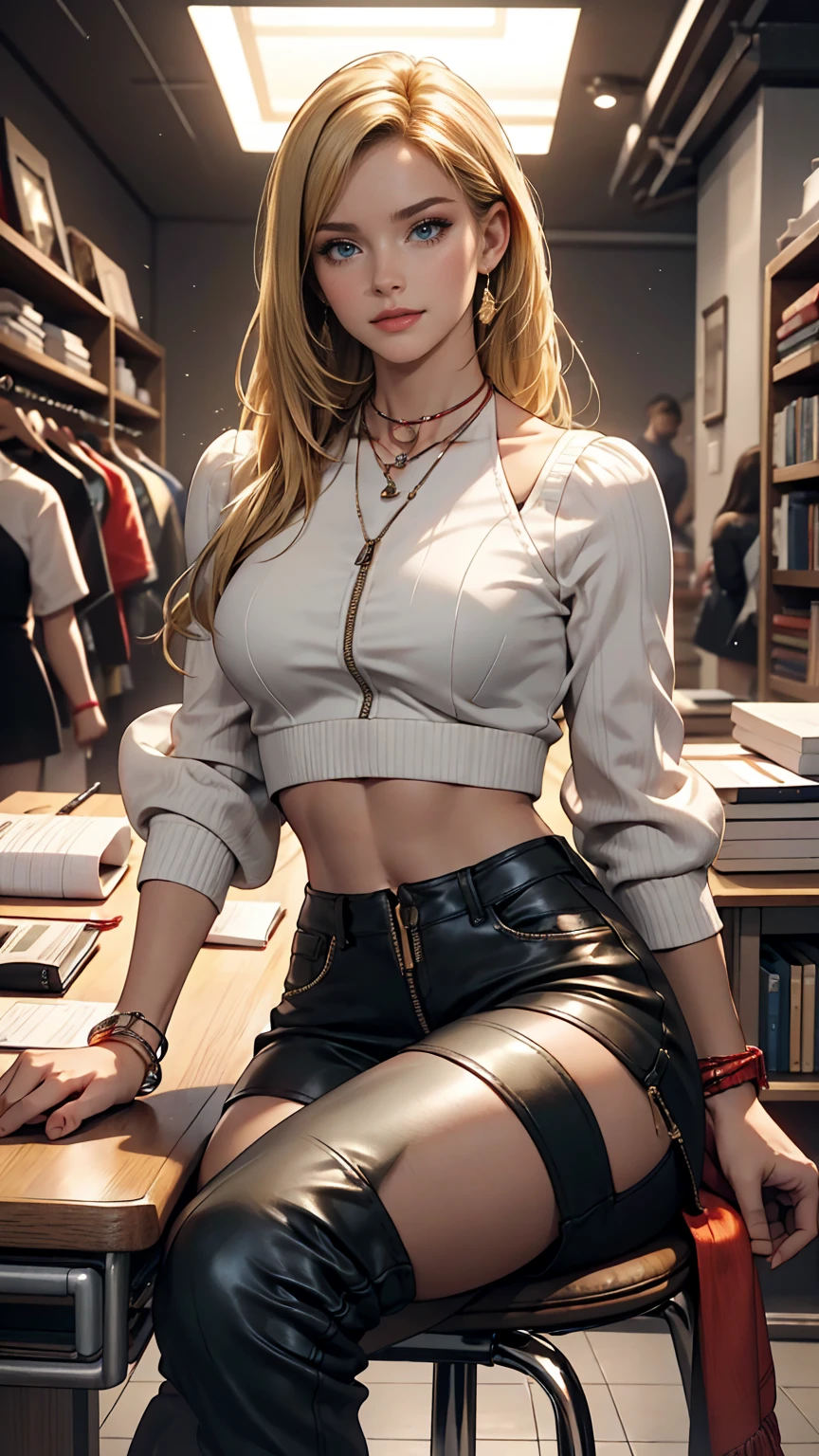((最high quality, 8K, masterpiece: 1.3, Ultra HD, high quality, 最high quality, High resolution, realism)) 、A 22-year-old extremely beautiful white woman、Hair color blonde、blue eyeedium Hair、Straight Hair、smile、Slender but well-proportioned body、Background blur((depth of field))、Aerial perspective((atmospheric perspective))、I want my head to stay off screen、Put an anklet on your ankle、Wearing red nail polish、I have a peticure、Wear high-neck zipper-up tops、No sleeve、Wear low rise leather pants、Wearing high heels、torso((torso))There are many、Fashion Design Office、There is fabric and a pattern on the work desk.、Hang the tape measure around your neck