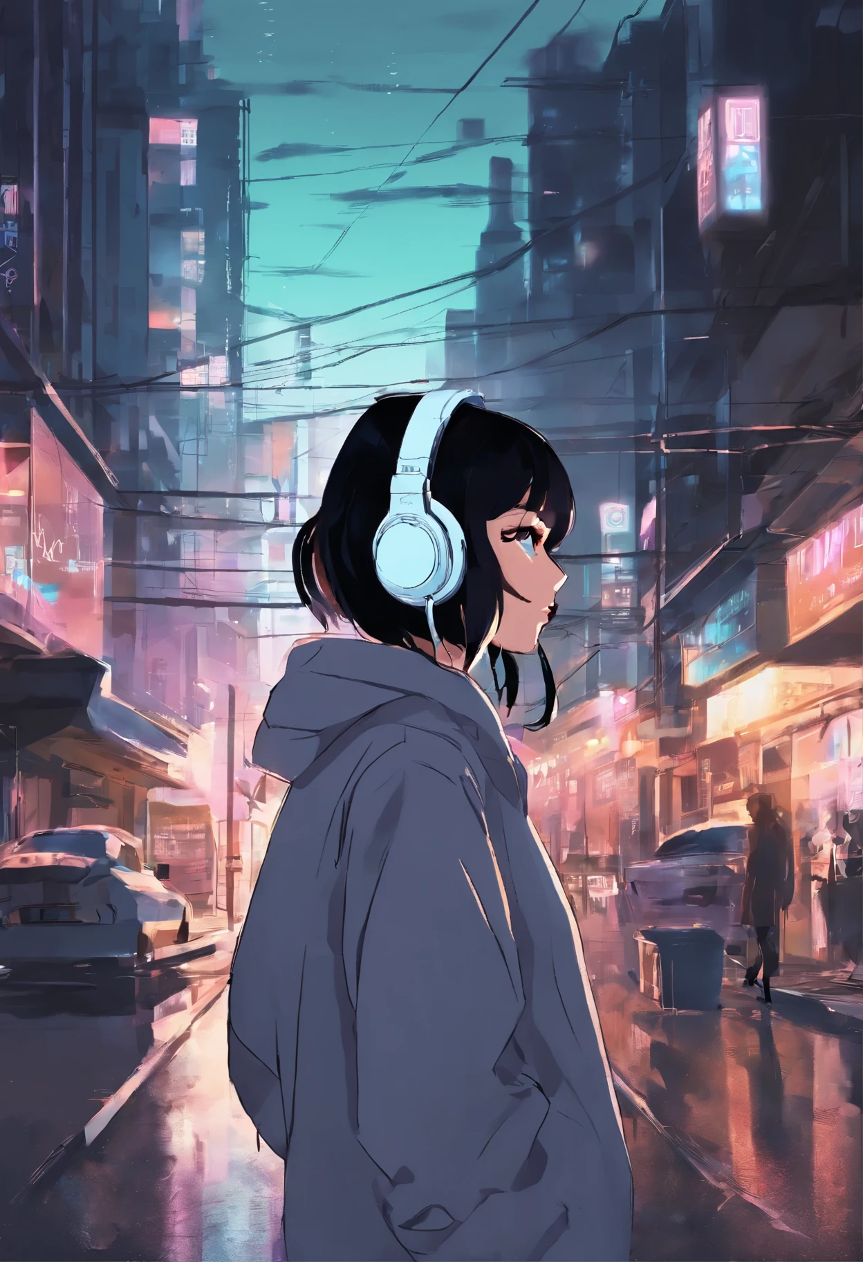 Anime girl with headphones walking down a city street at night - SeaArt AI