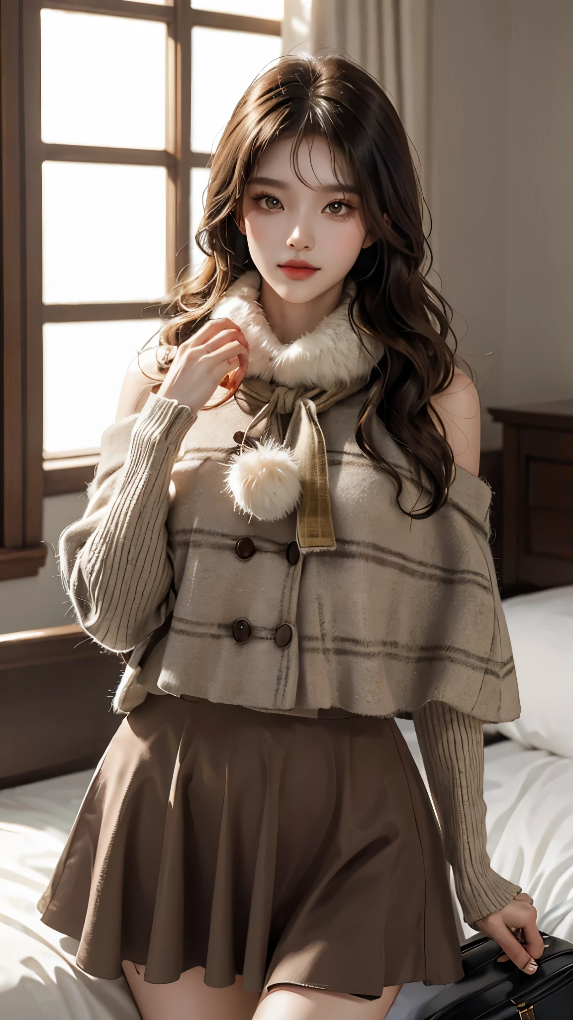 cyb skirt, long sleeves, capelet, wool ball scarf, scarf,, ((Yushuxin,1 Girl,Solitary)), Warm colors, Atmosphere, 4K, masterpiece, high resolution, ridiculous, Bare shoulders, Sexy long legs, on the bed, Strike a pose, brown wavy hair, lust, eyes, Shy, Pure Desire, Tempting, Sexy pose, Big breasts, Very detailed face, Light and delicate makeup, Charm and sophistication, Attractive posture, beauty, grace, lifelike, Very detailed, amazing, beauty的, Young and energetic, Charming model