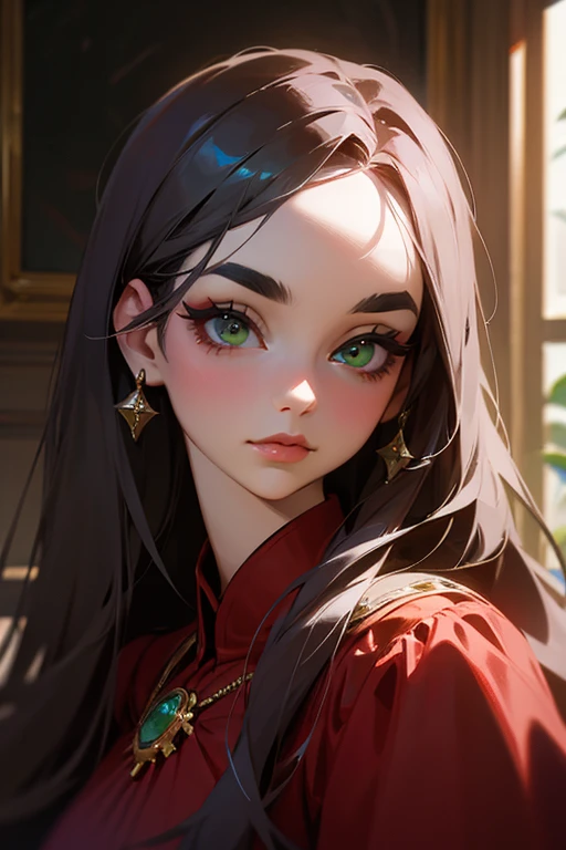 (highest quality, masterpiece:1.2), High resolution, Very detailed, Realistic:1.37, Fantasy, An illustration, Green Eyes、Queen, Red dress.Platinum decoration、beautifully、Eyeshadow Red、Thick eyebrows、Long eyelashes、pupils are black、Her hair is light green、Platinum decoration、