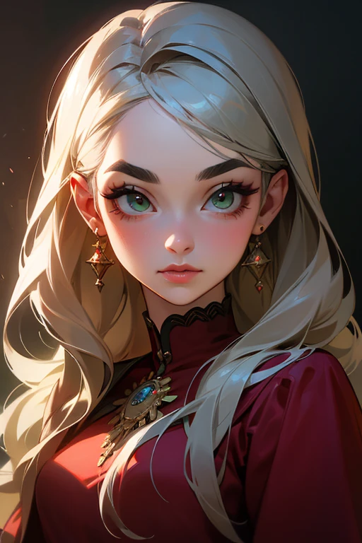 (highest quality, masterpiece:1.2), High resolution, Very detailed, Realistic:1.37, Fantasy, An illustration, Green Eyes、Queen, Red dress.Platinum decoration、beautifully、Eyeshadow Red、Thick eyebrows、Long eyelashes、pupils are black、Her hair is light green、Platinum decoration、