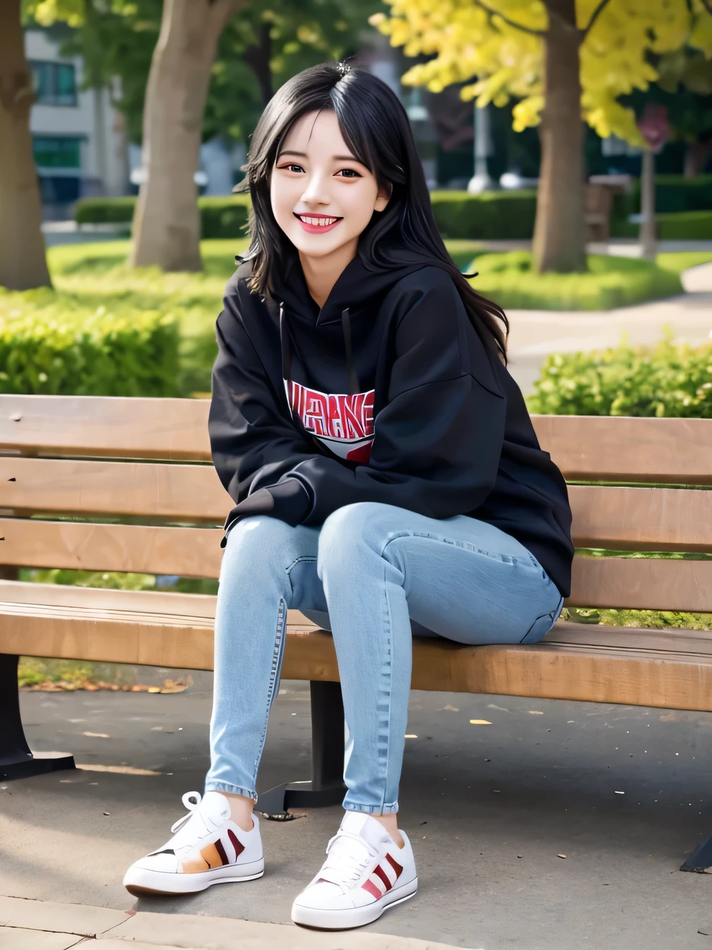 highest quality)), ((masterpiece)), (Get used to it), Perfect Face、((highest quality)), A neat and beautiful woman sitting on a park bench、hoodie、Skinny jeans、sneakers、Black Hair、smile showing teeth、Full body photo、Ear piercing