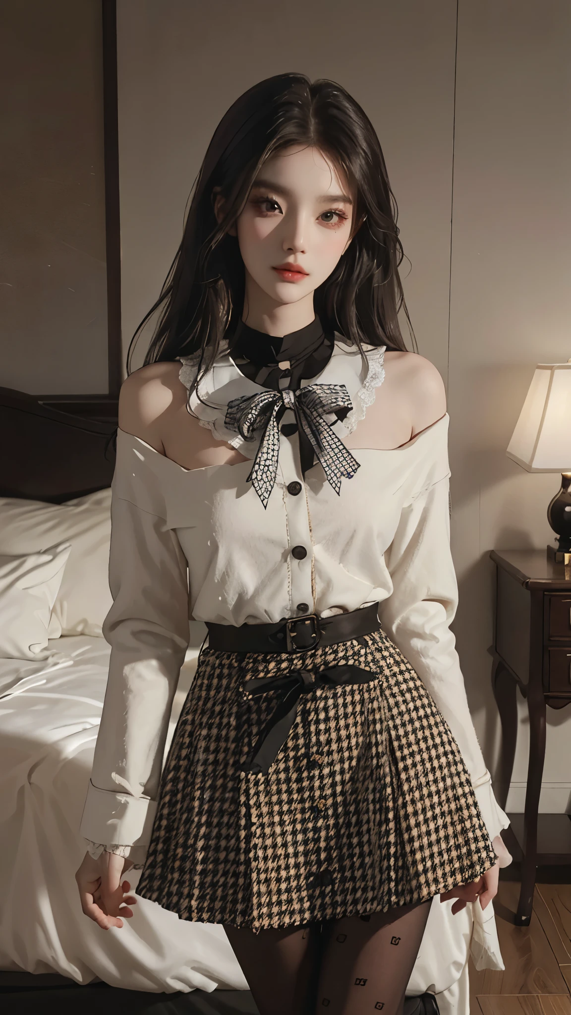 dating attire, bow, jacket, skirt, pantyhose, bow socks, black footwear, ((Yushuxin,1 Girl,Solitary)), Warm colors, Atmosphere, 4K, masterpiece, high resolution, ridiculous, Bare shoulders, Sexy long legs, on the bed, Strike a pose, brown wavy hair, lust, eyes, Shy, Pure Desire, Tempting, Sexy pose, Big breasts, Very detailed face, Light and delicate makeup, Charm and sophistication, Attractive posture, beauty, grace, lifelike, Very detailed, amazing, beauty的, Young and energetic, Charming model