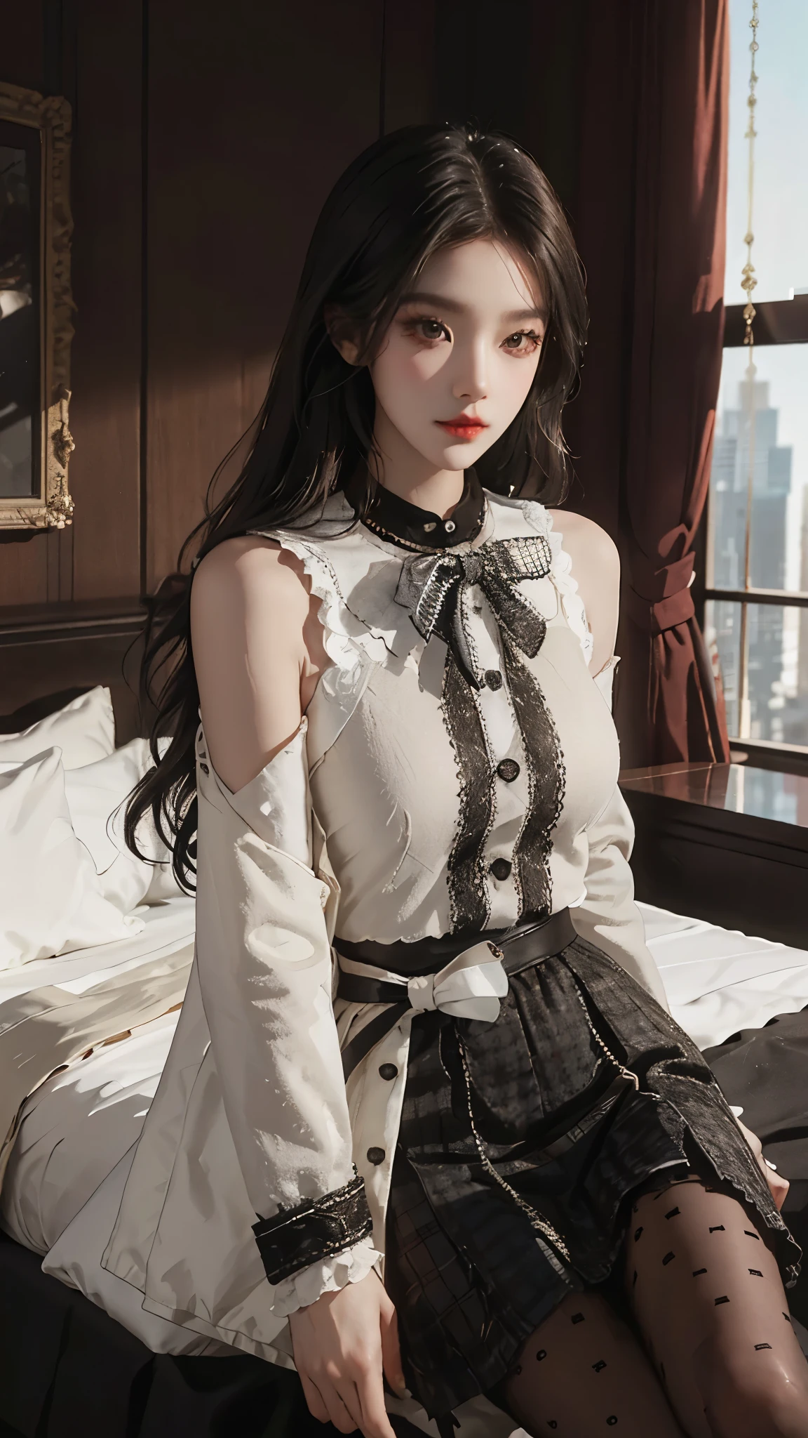 dating attire, bow, jacket, skirt, pantyhose, bow socks, black footwear, ((Yushuxin,1 Girl,Solitary)), Warm colors, Atmosphere, 4K, masterpiece, high resolution, ridiculous, Bare shoulders, Sexy long legs, on the bed, Strike a pose, brown wavy hair, lust, eyes, Shy, Pure Desire, Tempting, Sexy pose, Big breasts, Very detailed face, Light and delicate makeup, Charm and sophistication, Attractive posture, beauty, grace, lifelike, Very detailed, amazing, beauty的, Young and energetic, Charming model