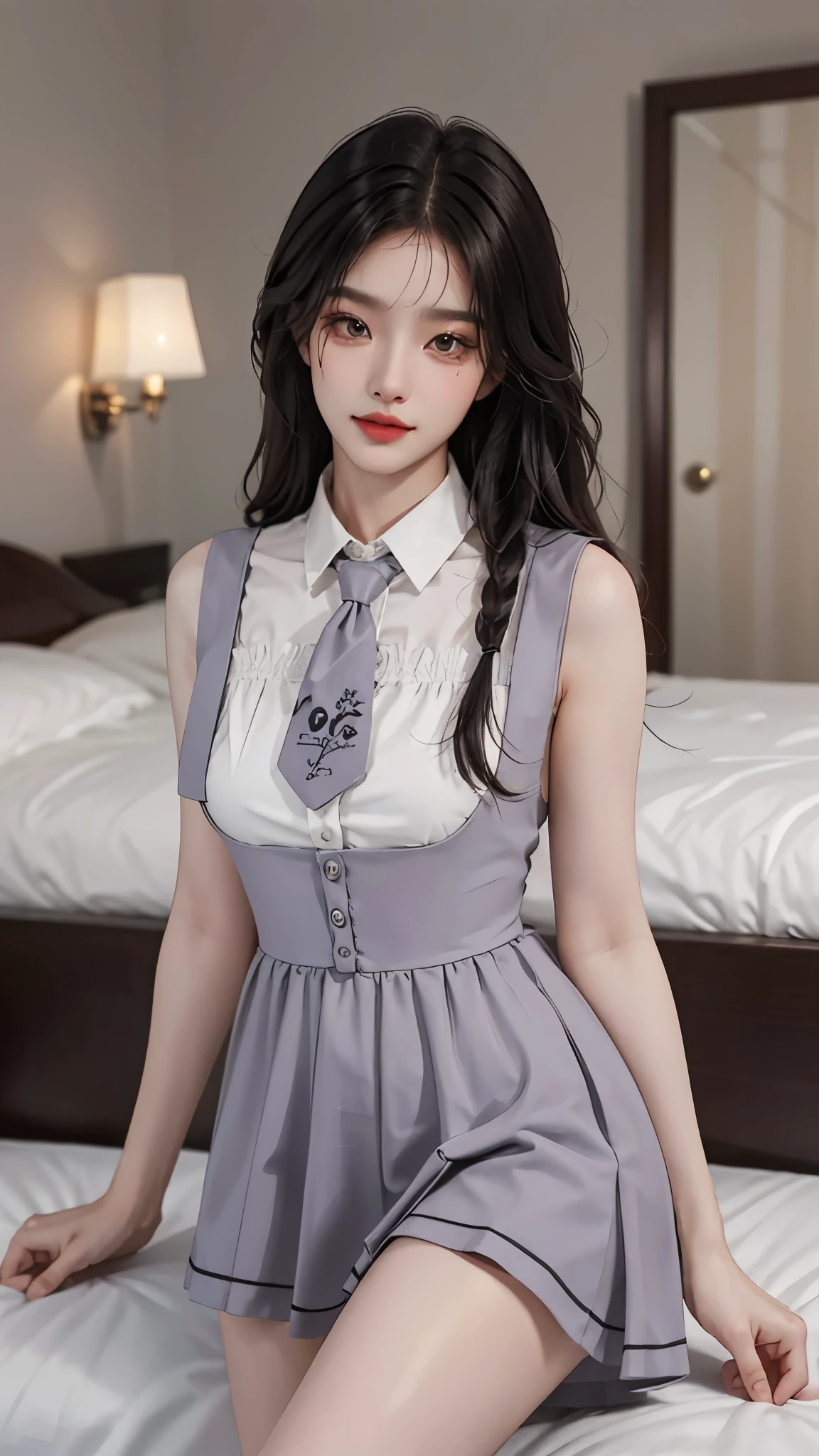 cyb dress, cyb shirt, cyb skirt, necktie, suspender skirt, suspenders, ((Yushuxin,1 Girl,Solitary)), Warm colors, Atmosphere, 4K, masterpiece, high resolution, ridiculous, Bare shoulders, Sexy long legs, on the bed, Strike a pose, brown wavy hair, lust, eyes, Shy, Pure Desire, Tempting, Sexy pose, Big breasts, Very detailed face, Light and delicate makeup, Charm and sophistication, Attractive posture, beauty, grace, lifelike, Very detailed, amazing, beauty的, Young and energetic, Charming model