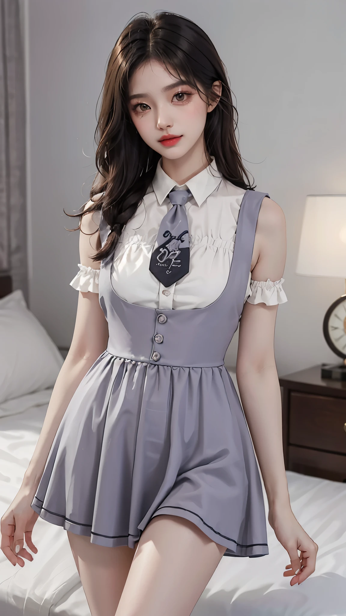 cyb dress, cyb shirt, cyb skirt, necktie, suspender skirt, suspenders, ((Yushuxin,1 Girl,Solitary)), Warm colors, Atmosphere, 4K, masterpiece, high resolution, ridiculous, Bare shoulders, Sexy long legs, on the bed, Strike a pose, brown wavy hair, lust, eyes, Shy, Pure Desire, Tempting, Sexy pose, Big breasts, Very detailed face, Light and delicate makeup, Charm and sophistication, Attractive posture, beauty, grace, lifelike, Very detailed, amazing, beauty的, Young and energetic, Charming model