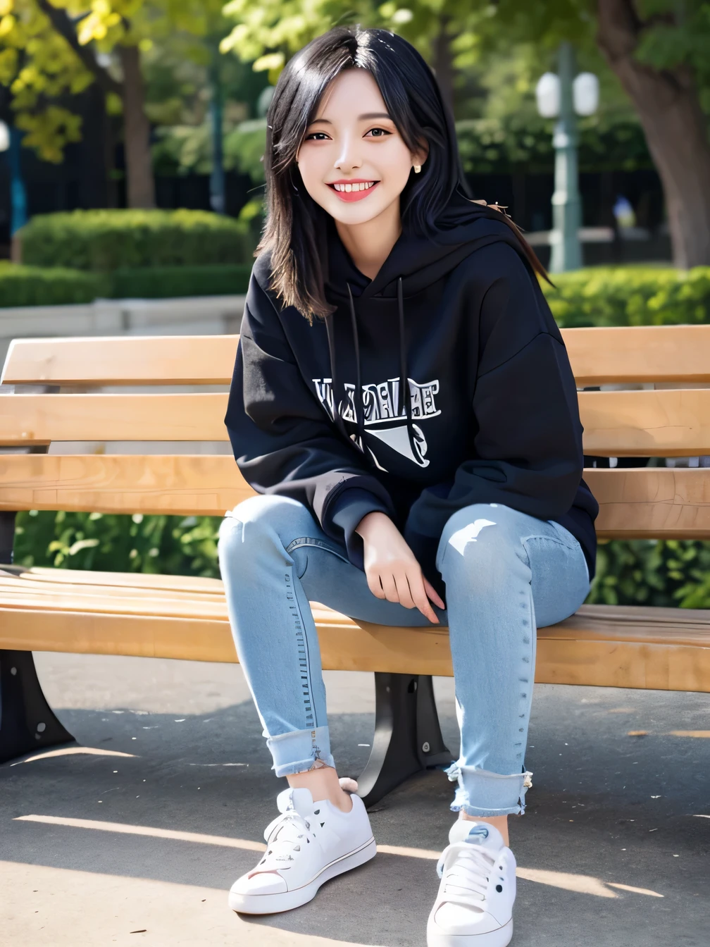 highest quality)), ((masterpiece)), (Get used to it), Perfect Face、((highest quality)), A neat and beautiful woman sitting on a park bench、hoodie、Skinny jeans、sneakers、Black Hair、smile showing teeth、Full body photo、Ear piercing