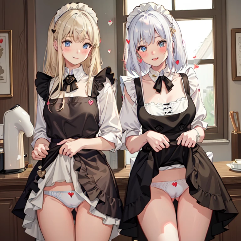 highest quality、masterpiece、((2 girls))、((smile:1.3))、(blush:1.3)、Black Shirt、blouse、((fun!!))、(Small breasts)、()、Blonde、()、((White apron:1.5))、((Maid))、((hair ornaments)),、Kamimei、look at me、 ((in house:1.5))、 Taking a break from watching the audience、Cowboy Shot、(Skirt lift:1.3),(Highly detailed white panties:1.3)、(Highly detailed panties:1.3)、、(スカート that rolls up:1.3)、(Panties fully exposed:1.5)、Light blue eyes、long hair、((spoken heart:1.5))、