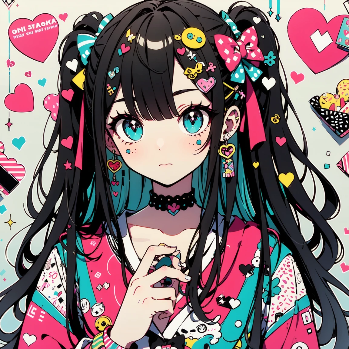 masterpiece, highest quality, Very detailed, Beautiful Shadows, heart, donut, Cinema Lighting, Studio Light, Flowers around, cute, cute, Big eyes, Flower pattern on eyes, Pupil shape , cute polka dot pattern on bows, Plaid, Black Hair,Gray and black gradient hair color, Powder Red Gradient Eyes,Trendy pink and turquoise clothes,pure white cute girl,whole body, Full Shot, Retro, Valletta, Decora, Plenty of accessories,