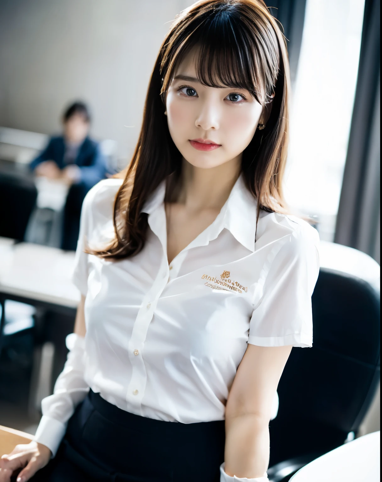 An elegant, upper-class, elite secretary in a business shirt, Working in the office、厳格なsuitを着ている, Wearing pantyhose、Wear high-quality high heels、 Girl in a shirt, suitを着ている, suitを着ている, suitを着て, Businesswoman, Business Wear, 黒のsuitを着ている, Wear a shirt and skirt, suitを着た女性, suit, ビジネスsuit, RAW Photos, (8k、highest quality、masterpiece:1.2)、(Intricate details:1.4)、(Photorealistic:1.4)、Octane Rendering、Highly detailed and intricate 3D rendering, Soft studio light, Rim Light, Crisp details, Super Detail, Realistic skin texture, Detailed aspect, Beautiful fine details, Highly detailed CG Unity 16k wallpaper, Compensate, (Detailed Background:1.2), Exposed thighs!!!,(Open Leg 1.5).Panties Pensive Lingerie), The blouse has a wide opening at the chest., Exposed Skin, Protruding nipples.
