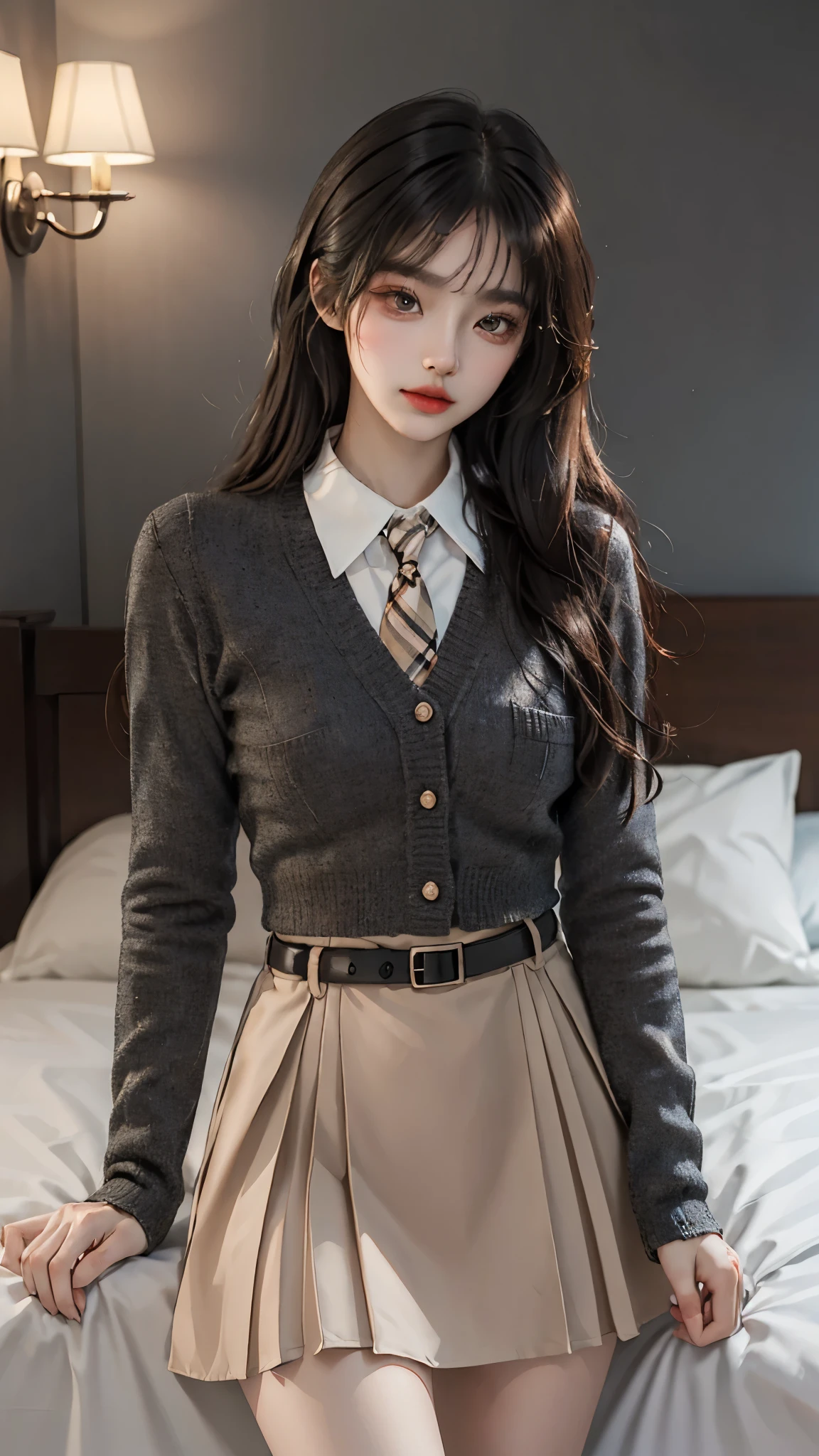 dating attire, sweater jacket, necktie, collared shirt, brown skirt, belt, ((Yushuxin,1 Girl,Solitary)), Warm colors, Atmosphere, 4K, masterpiece, high resolution, ridiculous, Bare shoulders, Sexy long legs, on the bed, Strike a pose, brown wavy hair, lust, eyes, Shy, Pure Desire, Tempting, Sexy pose, Big breasts, Very detailed face, Light and delicate makeup, Charm and sophistication, Attractive posture, beauty, grace, lifelike, Very detailed, amazing, beauty的, Young and energetic, Charming model