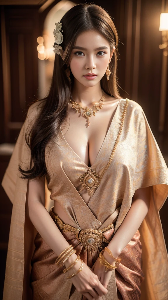 (raw photos:1.2), (realistic:1.4), (Masterpiece:1.3), (best quality:1.4), Ultra high resolution, (Detailed eyes), (Detailed facial features), (Detailed clothing features), HDR, 8K resolution, Focus only, Dressing according to Thai tradition, traditional shawl , 1 woman , Huge breasts, A gigantic rift, Big breasts push up clothes, big breast, fully grown breasts, Enhance your breasts to make them enormous., small waist, Long legs, Facing the audience, Full body, depth of field, Cinema-grade lighting, large breasts, Large breasts that cannot be covered completely