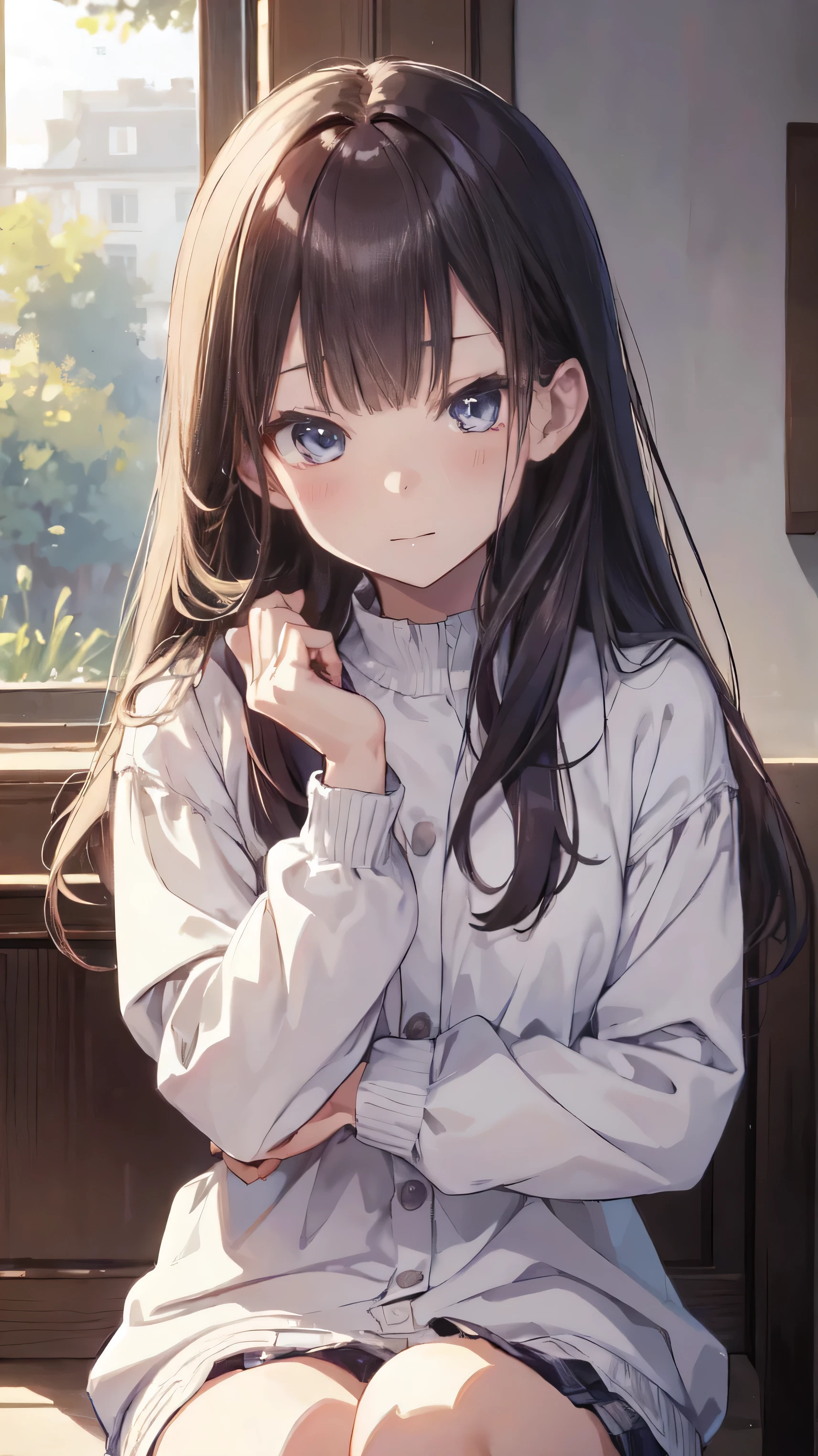 Masterpiece、Highest quality、highest quality、(((Lori)))、 ((Embarrassed))、Shiny hair quality、Small face、Sitting、Super detailed, beautiful, wide eyes、Ultra-detailed, clear and beautiful faces、(cute illustration:1.2), High-resolution, ultra-detailed, best quality, embarrassed