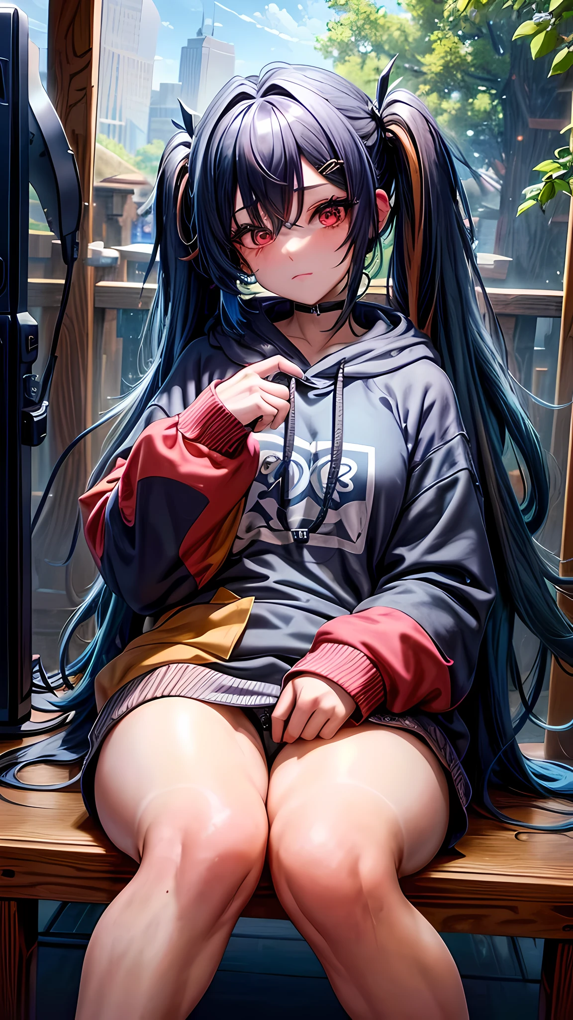 best quality, 4k, masterpiece, extremely detailed, High Detail, 1girl, gamers girl, solo, peri, blue hair, hair over one eye, multicolored hair, twintails, long hair, black hair, red eyes, two-tone hair, blushing expression, interpreting a hoodie without pants, sitting in front of the PC