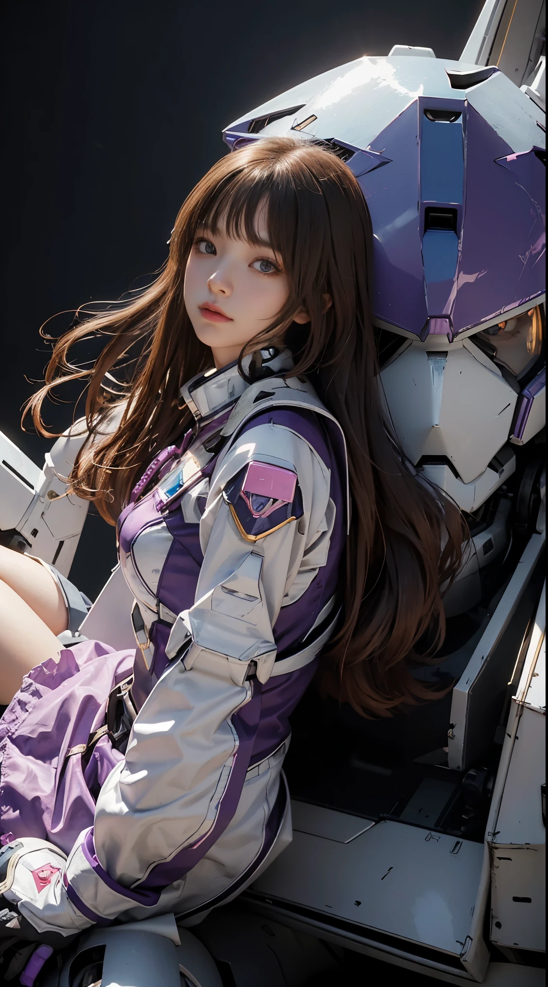 RAW, Masterpiece, Ultra Fine Photo,, Best Quality, Ultra High Resolution, Photorealistic, Sunlight, Full Body Portrait, Stunningly Beautiful,, Dynamic Poses, Delicate Face, Vibrant Eyes, (Side View) a close up of a woman in a pink and white gundam custume, dybamic pose, long brown very very long hair rapunzel, girl in mecha cyber armor, portrait armored astronaut girl, d. va from overwatch, female mecha, on a gundam, gundam head, chiho aoshima color scheme, mobile suit, streamlined purple armor, fully robotic!! girl, realistic cosplay, gundam armor (dynamic pose) (best cameraview), full body