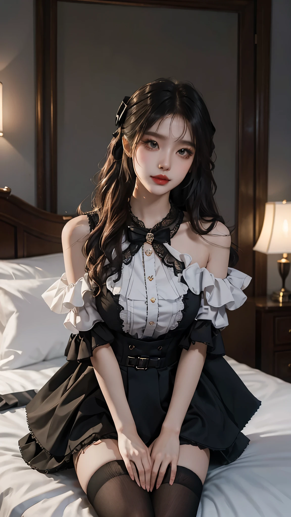 jirai kei attire, jirai kei, black thighhighs, high heels, ((Yushuxin,1 Girl,Solitary)), Warm colors, Atmosphere, 4K, masterpiece, high resolution, ridiculous, Bare shoulders, Sexy long legs, on the bed, Strike a pose, brown wavy hair, lust, eyes, Shy, Pure Desire, Tempting, Sexy pose, Big breasts, Very detailed face, Light and delicate makeup, Charm and sophistication, Attractive posture, beauty, grace, lifelike, Very detailed, amazing, beauty的, Young and energetic, Charming model